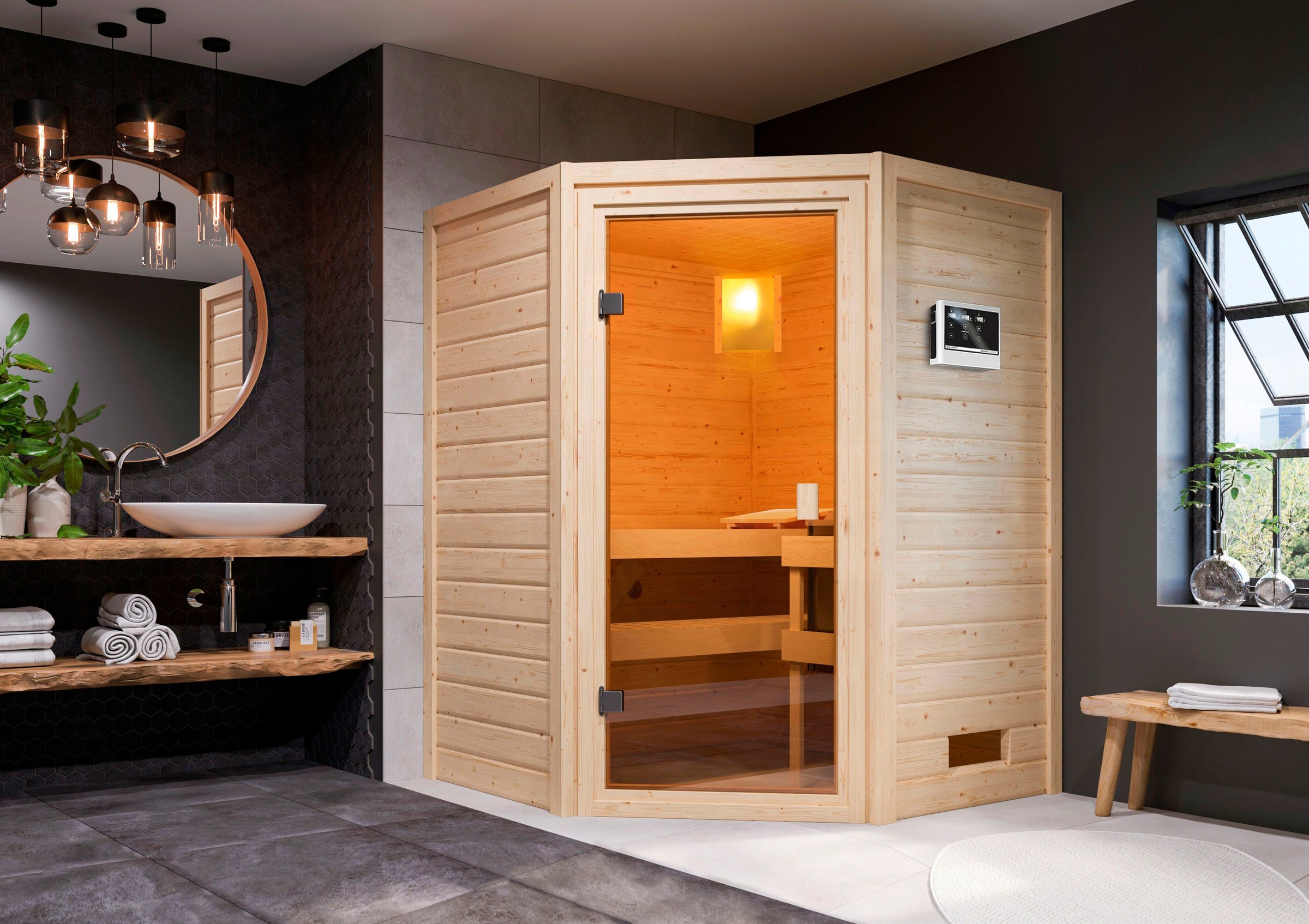 welltime Sauna »Anni«, 3,6-kW-Plug & Play Ofen mit ext. Steuerung