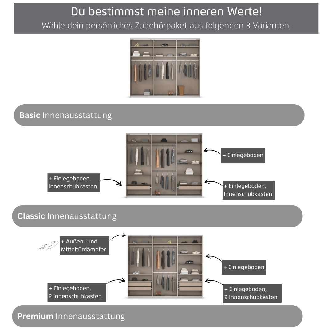 rauch Kleiderschrank »Schwebetürenschrank OTTO´s Choice Garderobe Schrank TOP ANGEBOT Avola«, (in 3 verschiedenen Ausstattungen BASIC/CLASSIC/PREMIUM), mit eleganten Zierleisten in Chrom, Schwarz oder Weiß MADE IN GERMANY