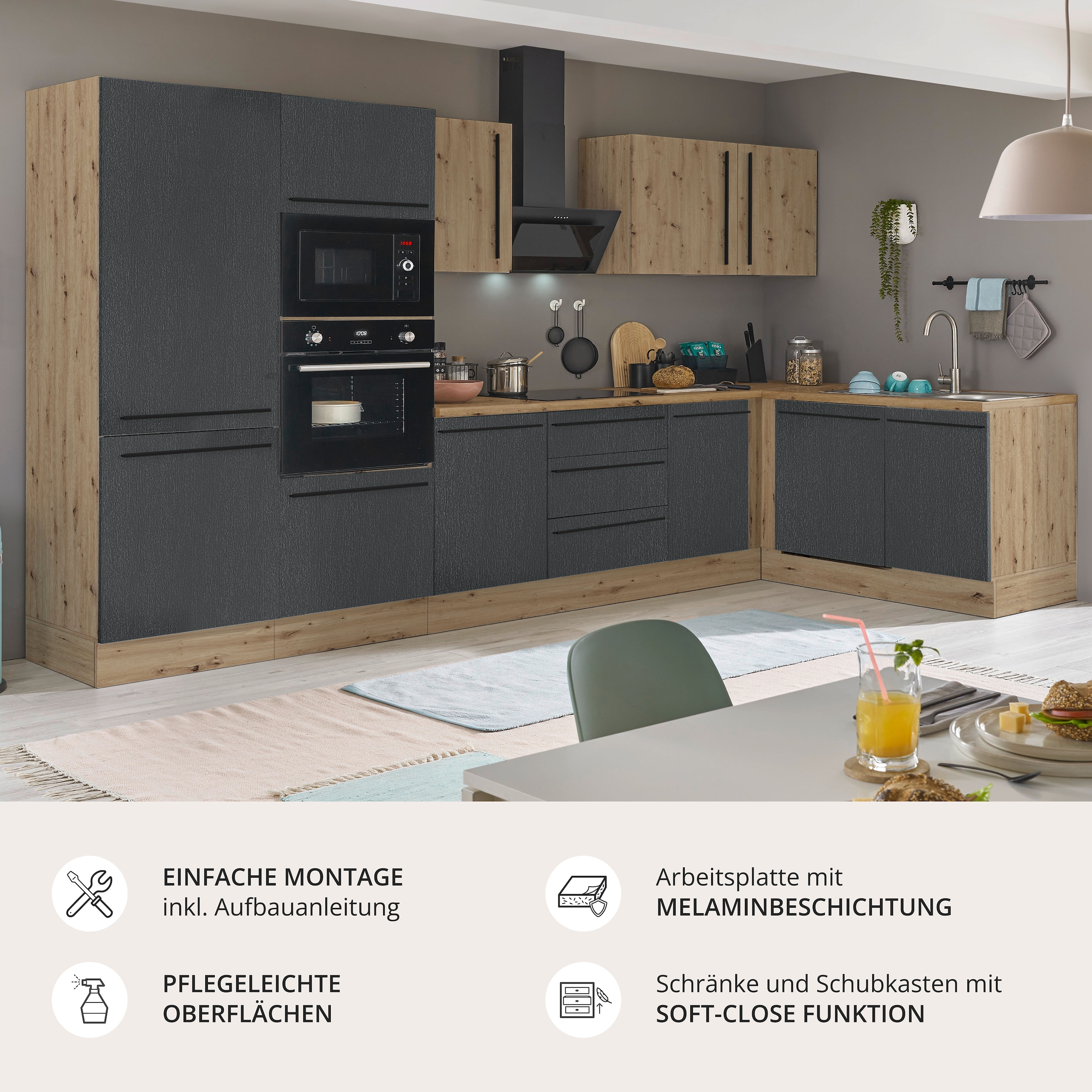 KOCHSTATION Winkelküche »Florida, Stellbreite 340x175 cm« wahlweise mit E-Geräten, mit Softclose für Türen und Schubkästen