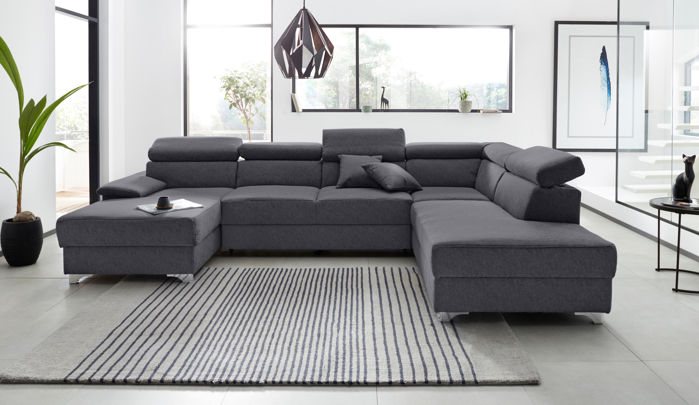 DOMO collection Wohnlandschaft »Mira, inklusive Kopfteilverstellung für mehr Wohlfühlkomfort, U-Form«, wahlweise mit Bettfunktion und Bettkasten, elegant und modern