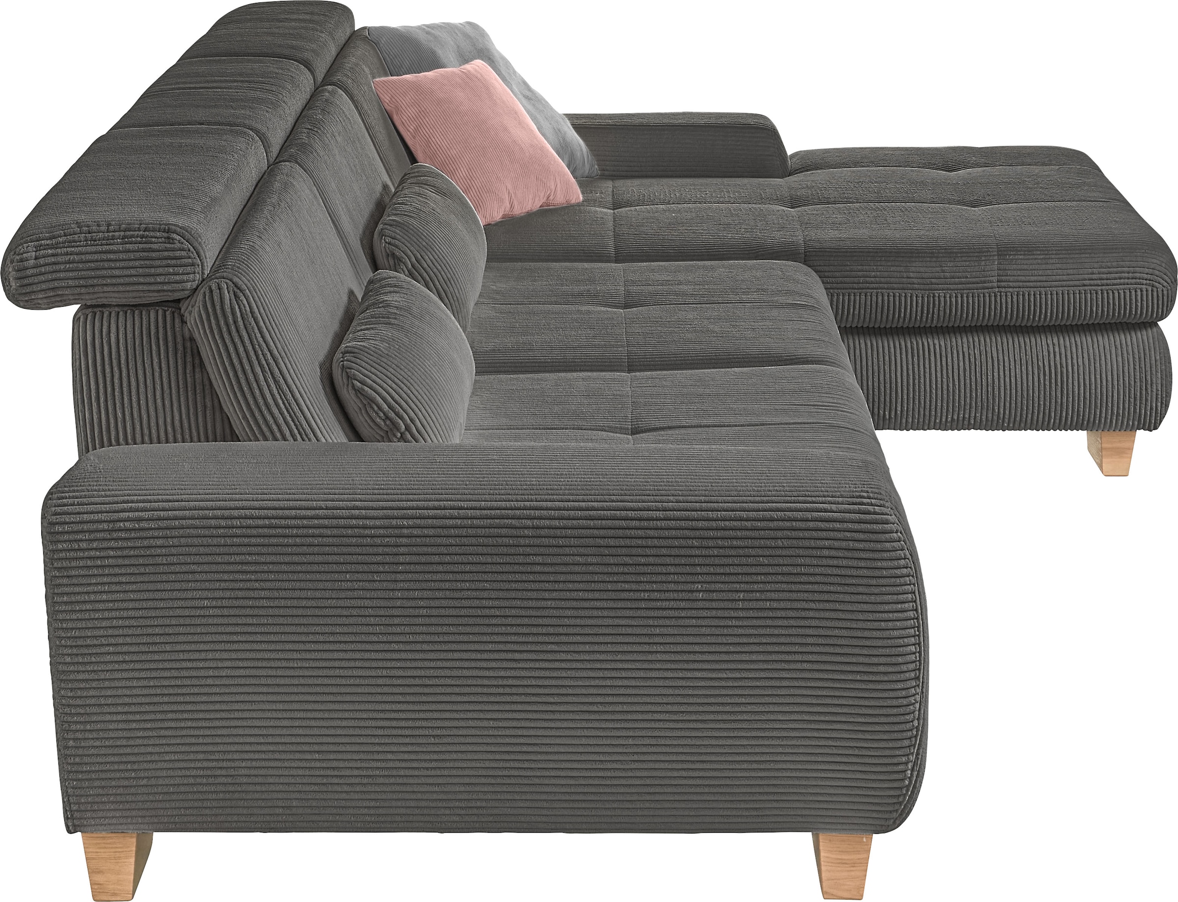 set one by Musterring Ecksofa »SO 3400 Sitzhöhe 47cm oder 49cm, Sitztiefe verstellbar, B/T: 307/195cm«, Kopteil verstellbar, mit Bettfunktion, in Cord, anthrazit, Sitzhöhe 47
