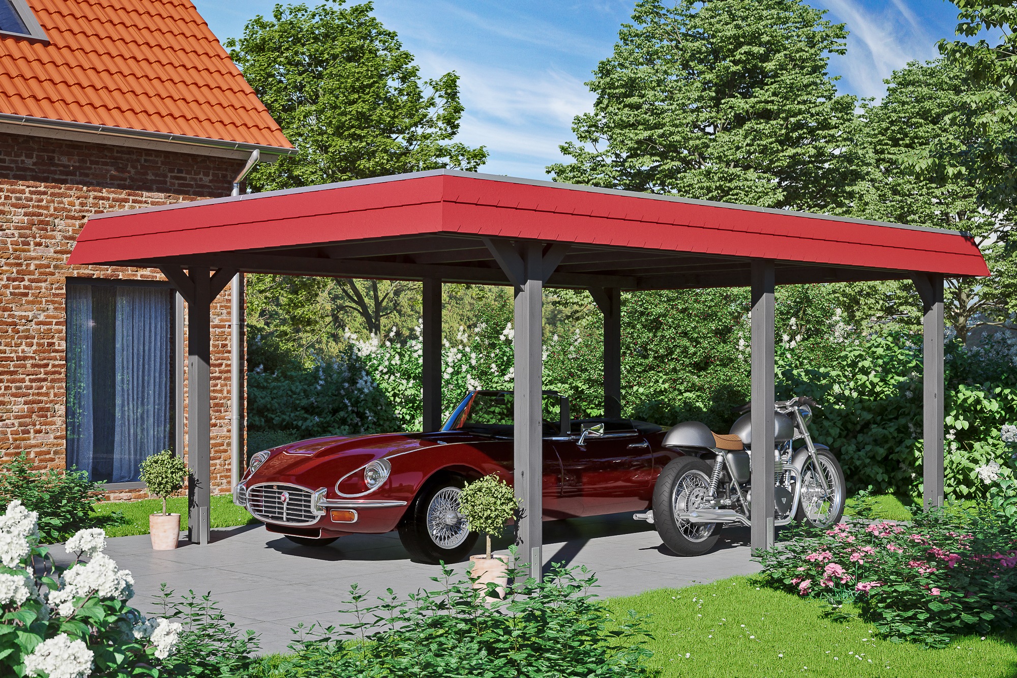 Skanholz Einzelcarport »Wendland«, Leimholz-Fichte, 341 cm, Schiefergrau, mit Aluminiumdach, rote Blende