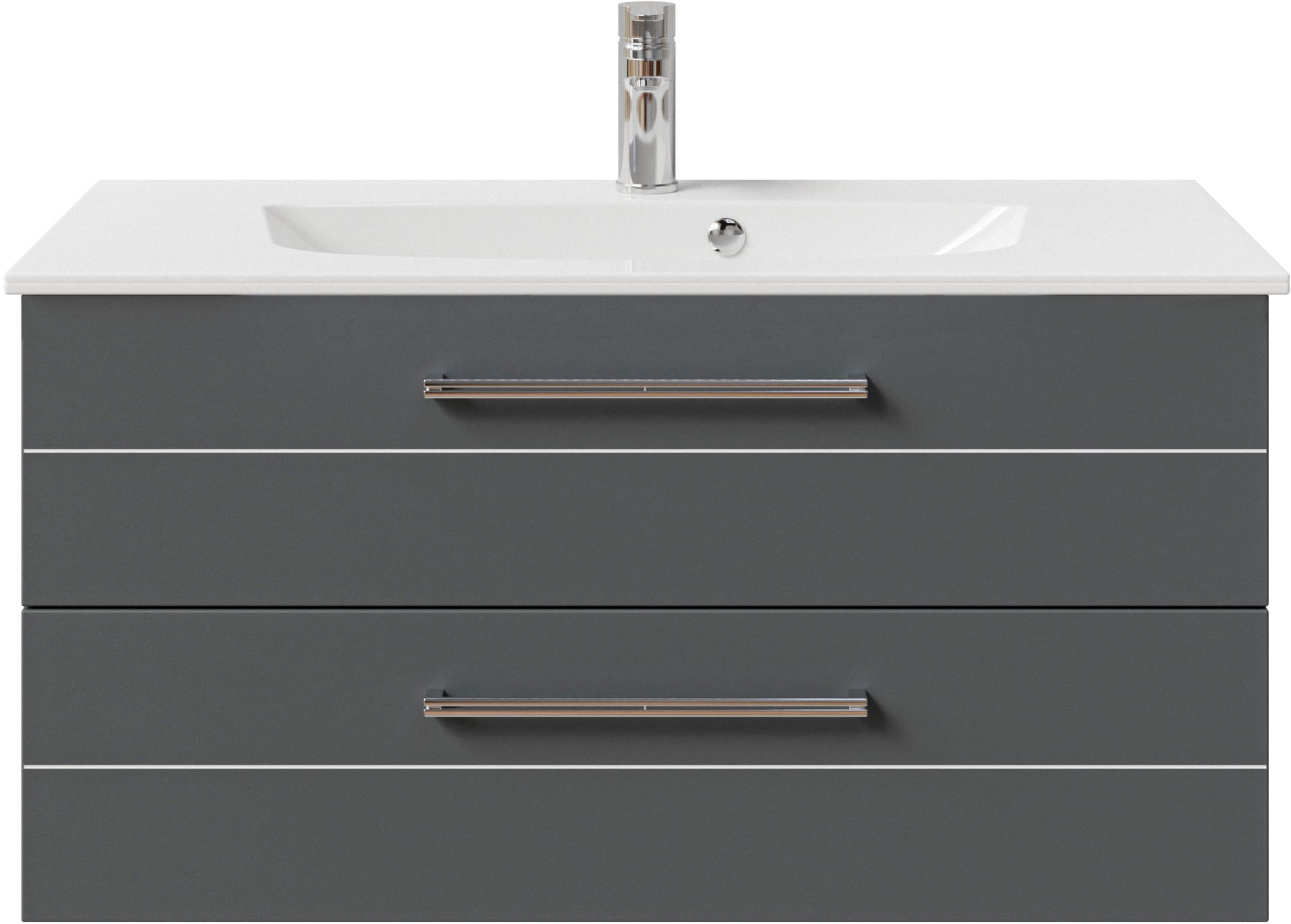Saphir Badmöbel-Set »Serie 6025 2-teilig Mineralmarmor-Waschtisch mit LED-Spiegelschrank«, (2 St.), Waschplatz 97 cm breit, 2 Schubladen, 3 Spiegel-Türen, inkl Türdämpfer