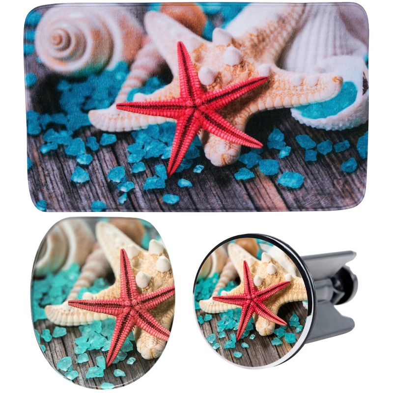 SANILO Badaccessoire-Set »Bath Salts« bestehend aus WC-Sitz, Badteppich und Waschbeckenstöpsel rot-türkis