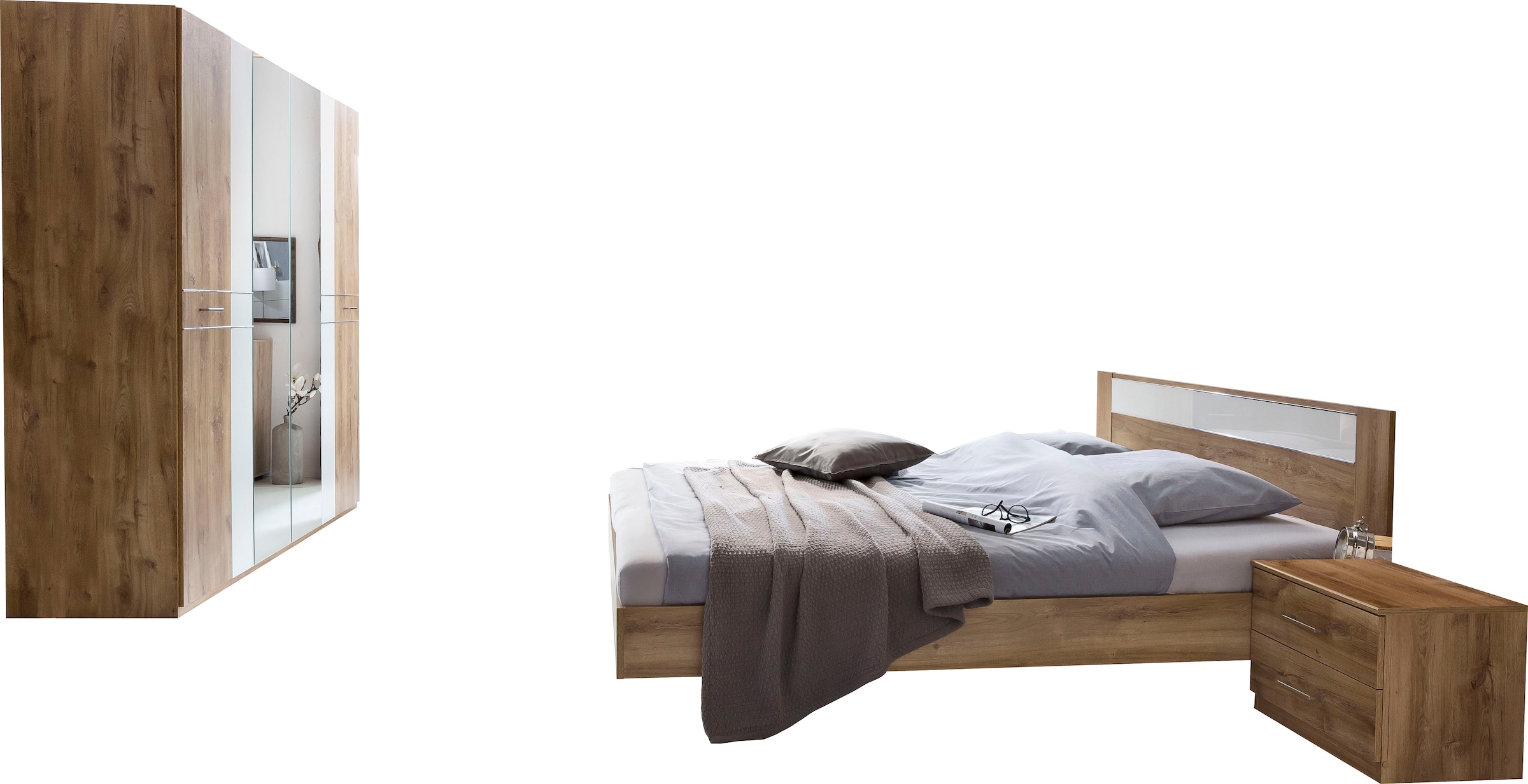 Schlafzimmer-Set WIMEX Petra/Pamela, braun (plankeneichefarben, weißglas), B/H: 180cm x 200cm, Schlafzimmermöbel-Sets, Schlafzimmer-Set