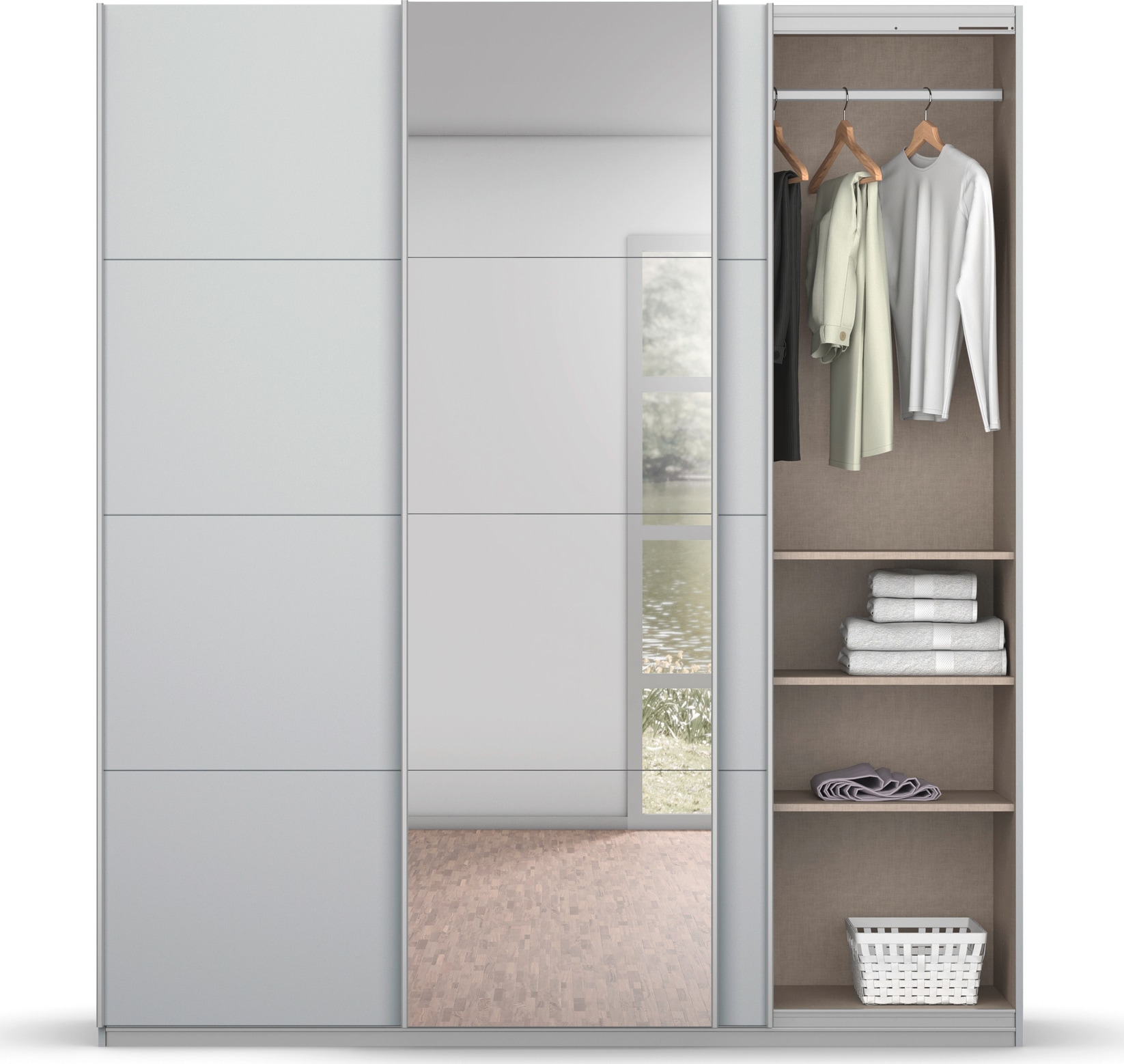 rauch Schwebetürenschrank »Kleiderschrank Schrank Garderobe KOLUNA mit Glastüren und Spiegel«, inkl. 2 Innenschubladen sowie extra Einlegeböden MADE IN GERMANY