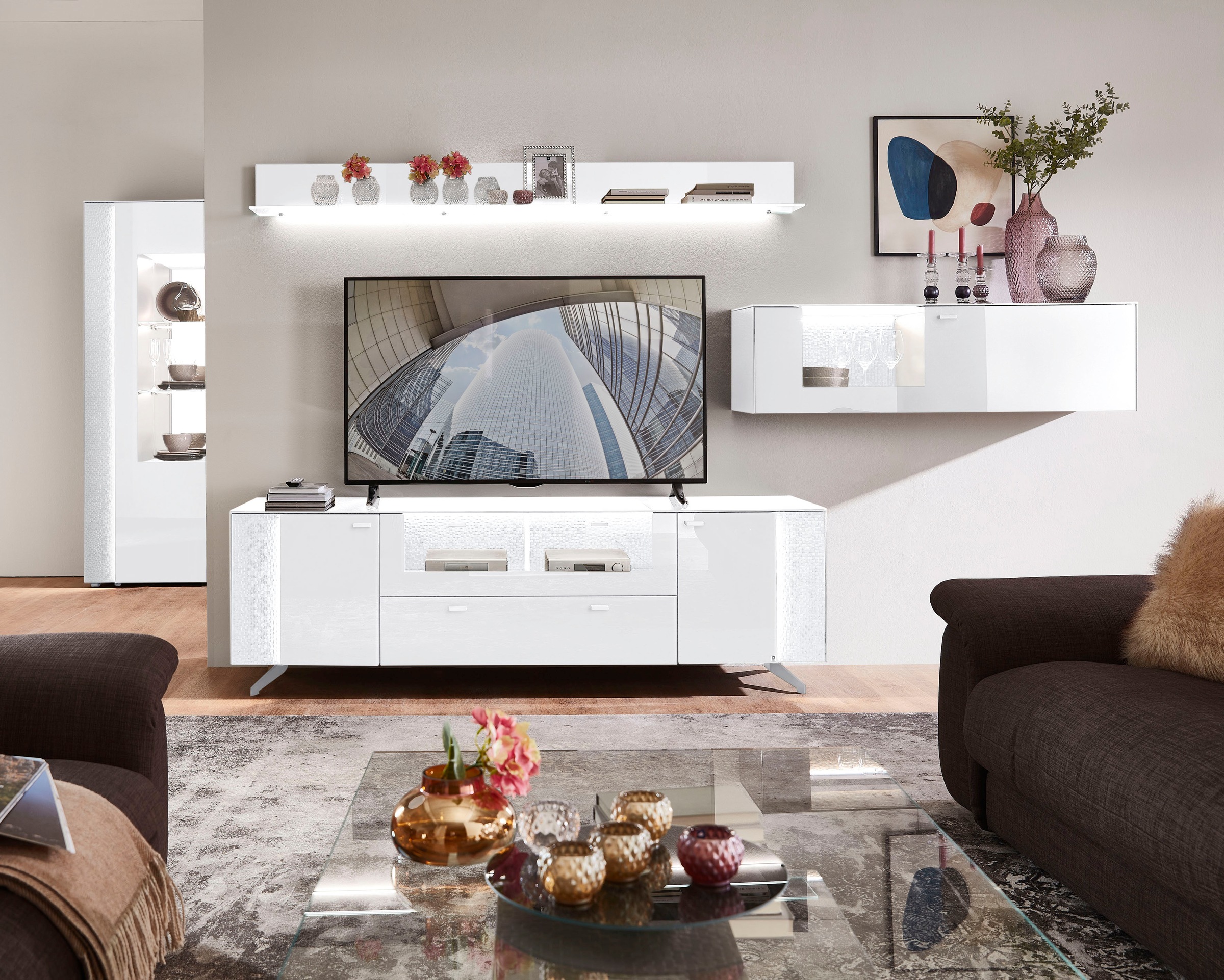 LEONARDO Lowboard »AUREA« mit Pailletten-Akzent, wahlweise mit Beleuchtung Lack weiß/Paillette weiß