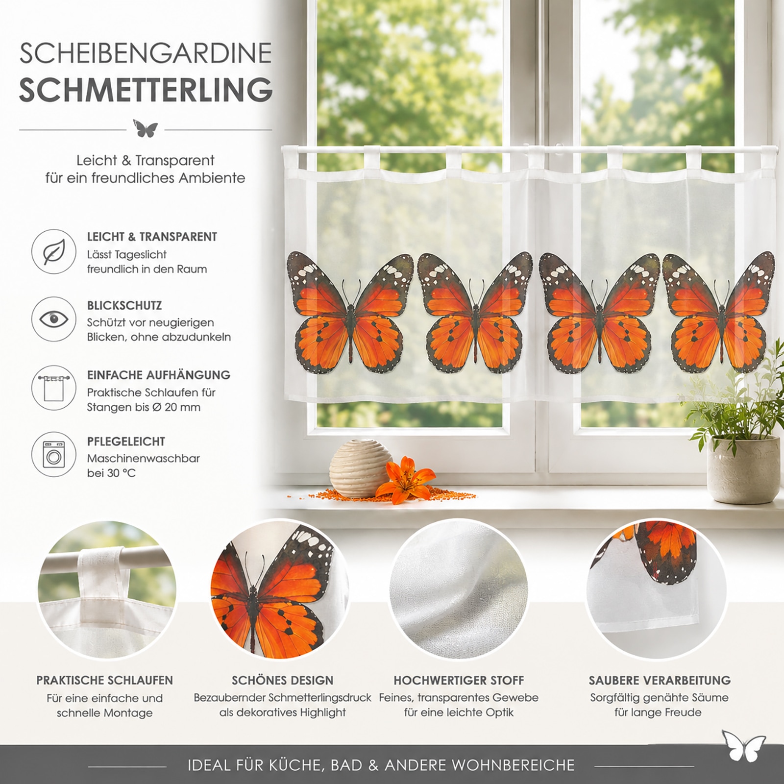 Weckbrodt Scheibengardine »Alisa« Schlaufen 1 Stk. tlg. Bistro,  Voile, bedruckt, Schmetterling; HxB 45x120cm, Gardine, Store
