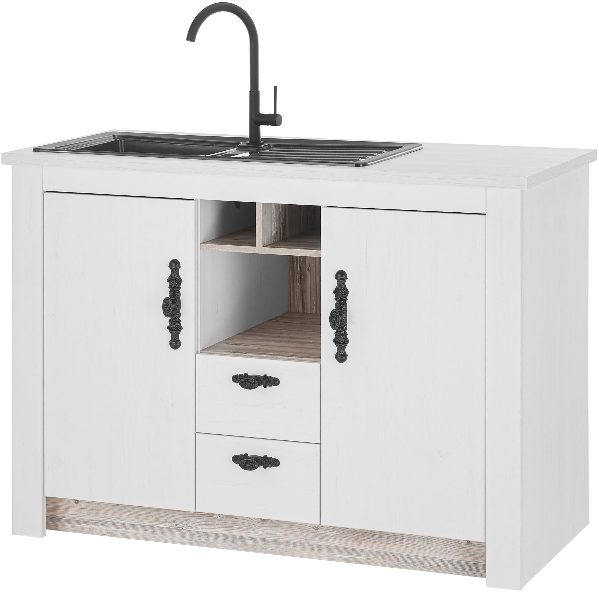 Home affaire Spülenschrank »Florenz, Küchenunterschrank in Pinie Weiß, Unterschrank«, mit verschnörkeltem Metallgriff, im Landhausstil, Arbeitshöhe 92 cm