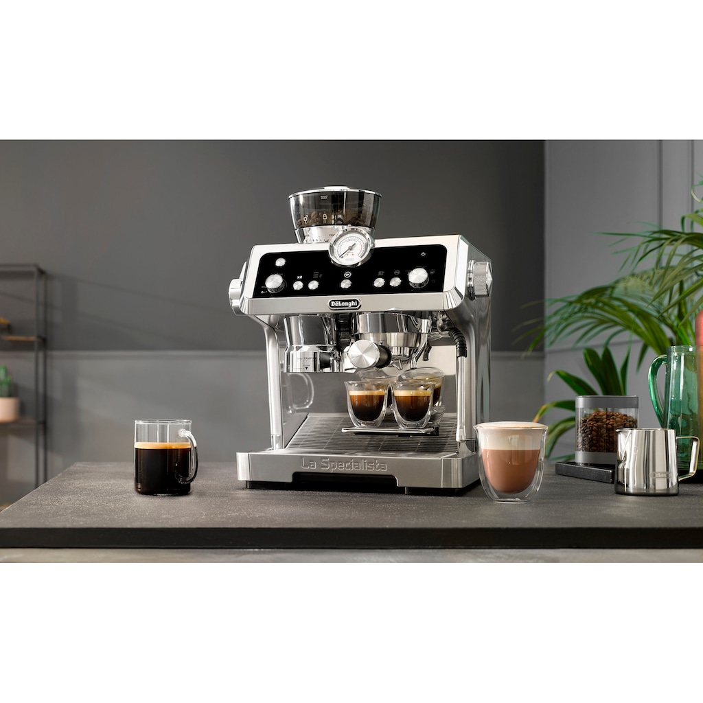 De'Longhi Espressomaschine »La Specialista Prestigio EC9355.M«, Siebträger mit integriertem Mahlwerk und smarten Funktionen für den Barista zu Hause, 19 bar, Silber, inkl. Selezione Espresso im Wert von 6,49 UVP