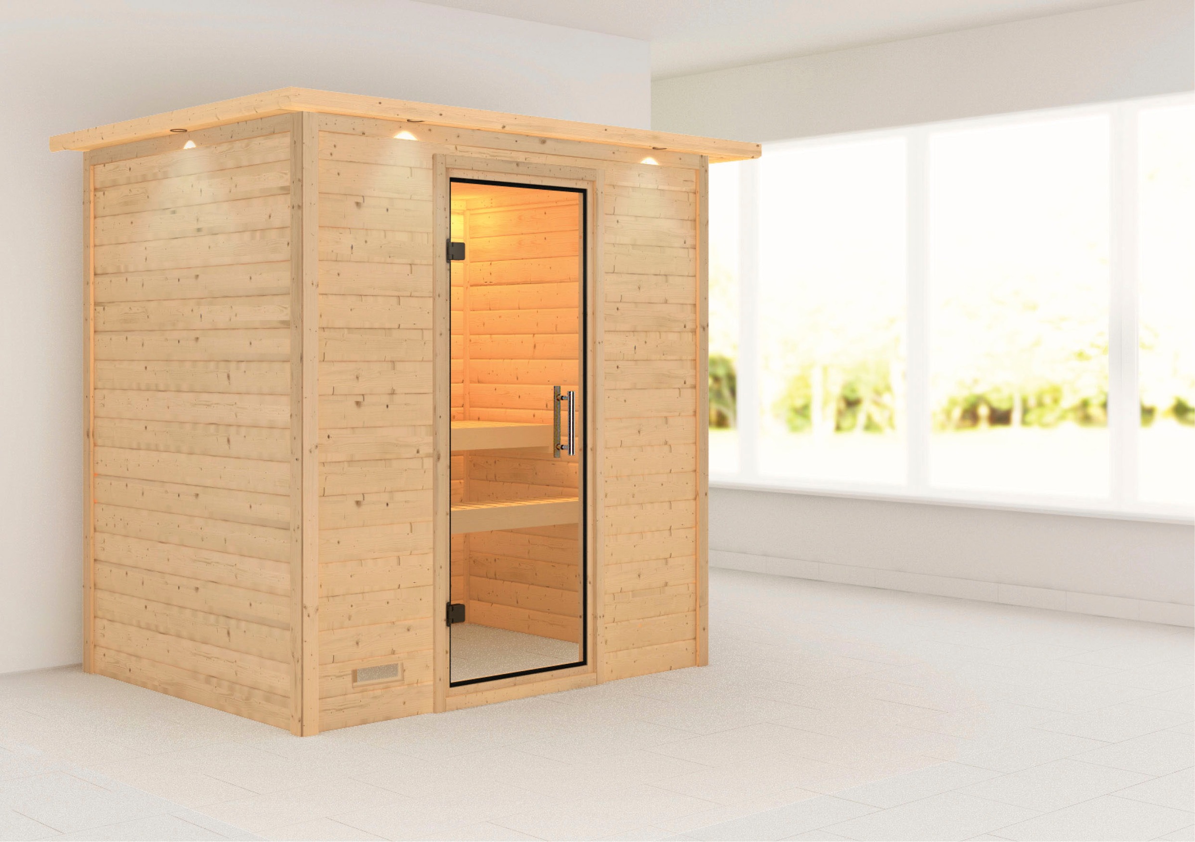 Karibu Sauna »"Sonja" mit Klarglastür und Kranz naturbelassen«