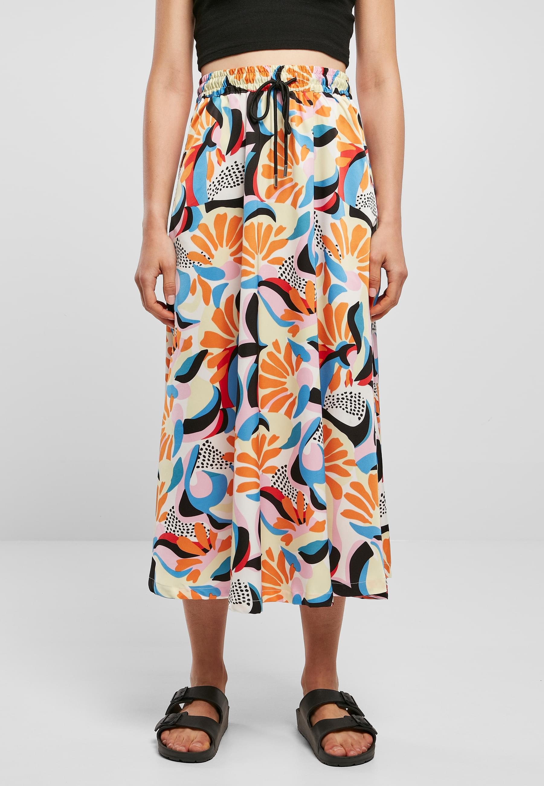 URBAN CLASSICS Jerseyrock »Urban Classics Damen Ladies AOP Satin Midi Skirt« 1 Stk.