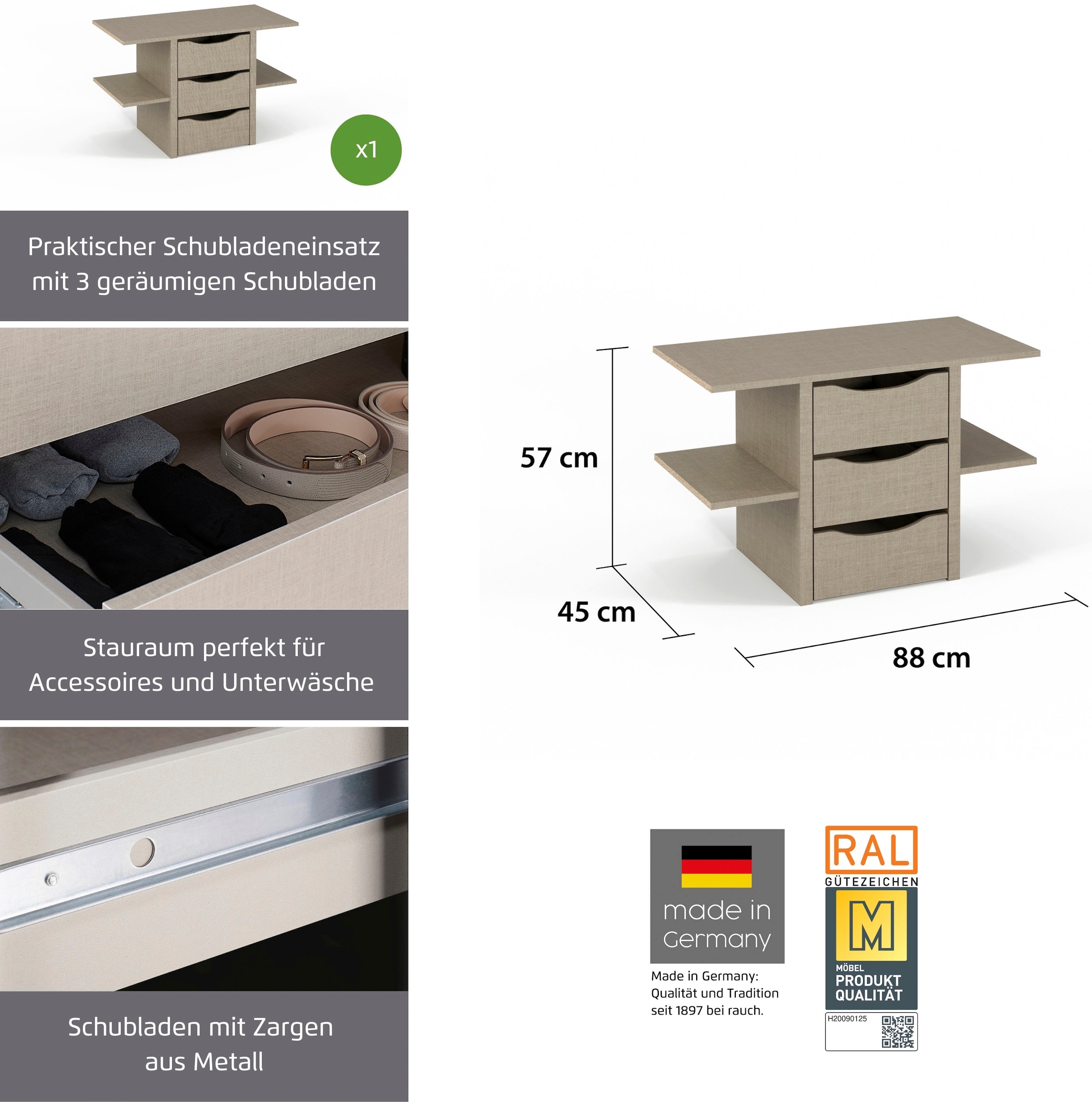 rauch Schubladeneinsatz »Zubehör für Rauch-Schränke ORANGE/BLUE« mit 3 Schubladen und Metallauszügen Breite 88 cm, Tiefe 45 cm