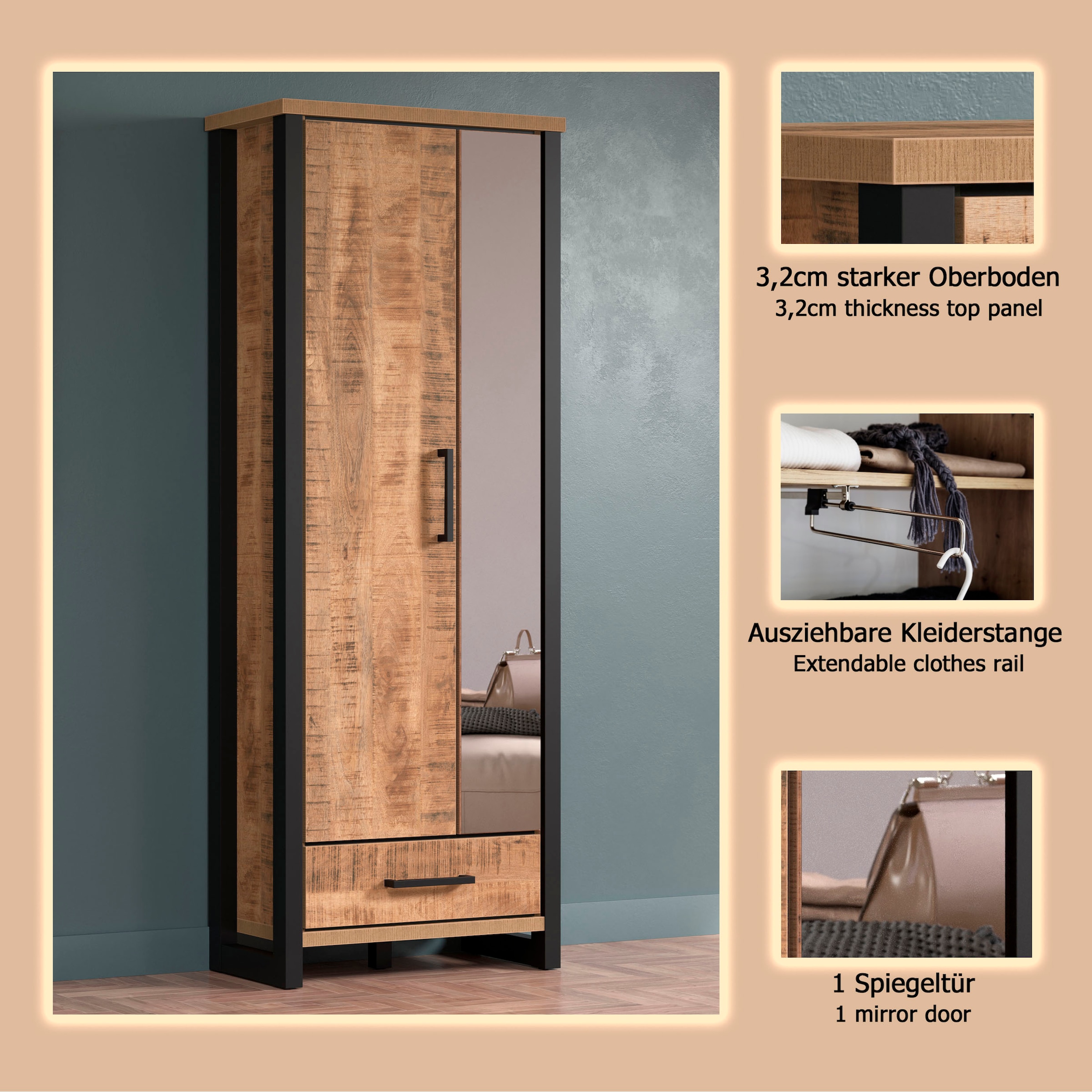 Home affaire Garderobenschrank »Elda« 1 Stk. tlg. Schrank mit ausziehbarer Kleiderstange, 2 Türen – (B/T/H) 73/39/195 cm