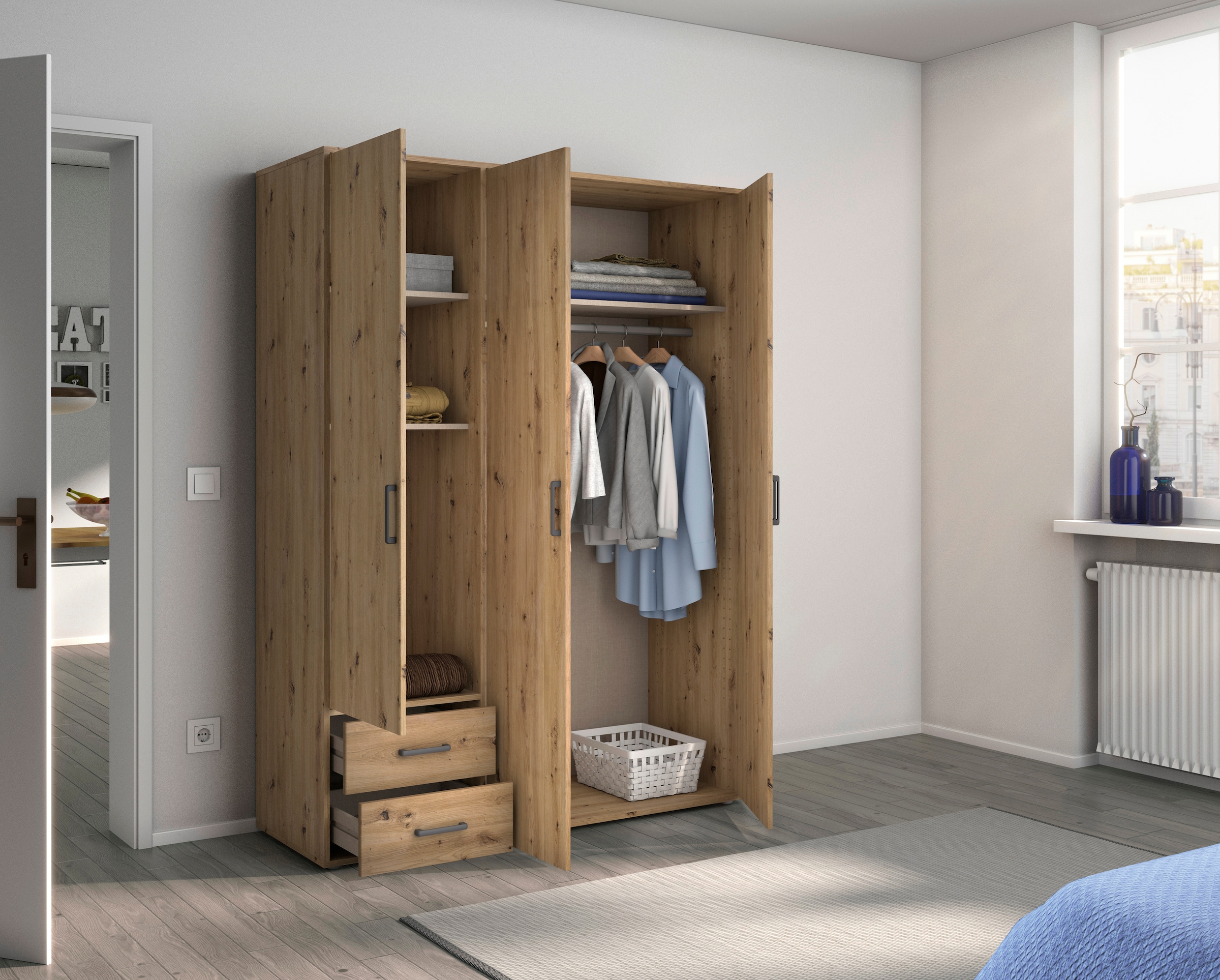 rauch Drehtürenschrank »Kleiderschrank Schrank Garderobe Wäscheschrank VOYAGER«, (in 3 verschiedenen Ausstattungen BASIC/CLASSIC/PREMIUM), moderne Griffe in Graumetallic mit Außenschubkästen MADE IN GERMANY