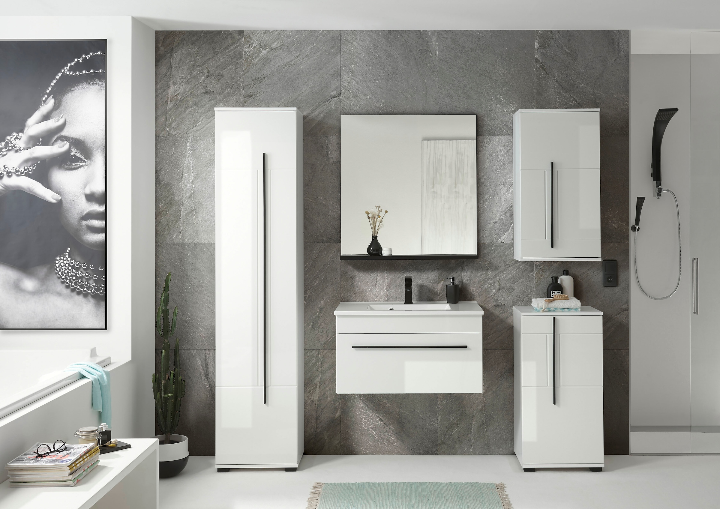 INOSIGN Hochschrank »Cantara, Badschrank in Hochglanz Weiß, Hochschrank im modernen Design«, mit schwarzen Griffen, ausreichend Stauraum