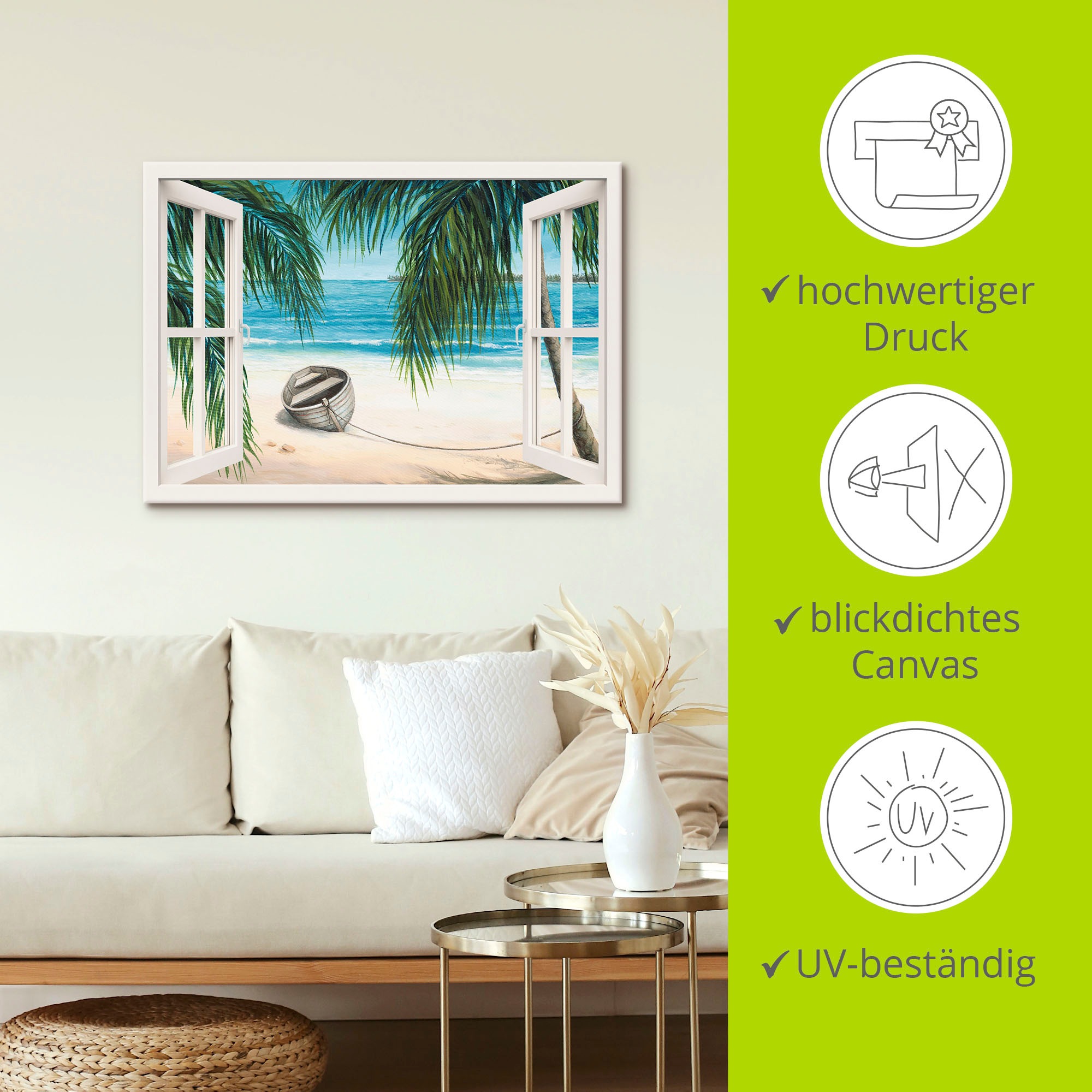 Artland Wandbild »Fensterblick - Karibik«, Fensterblick, (1 St.), als Leinwandbild, Wandaufkleber in verschied. Größen