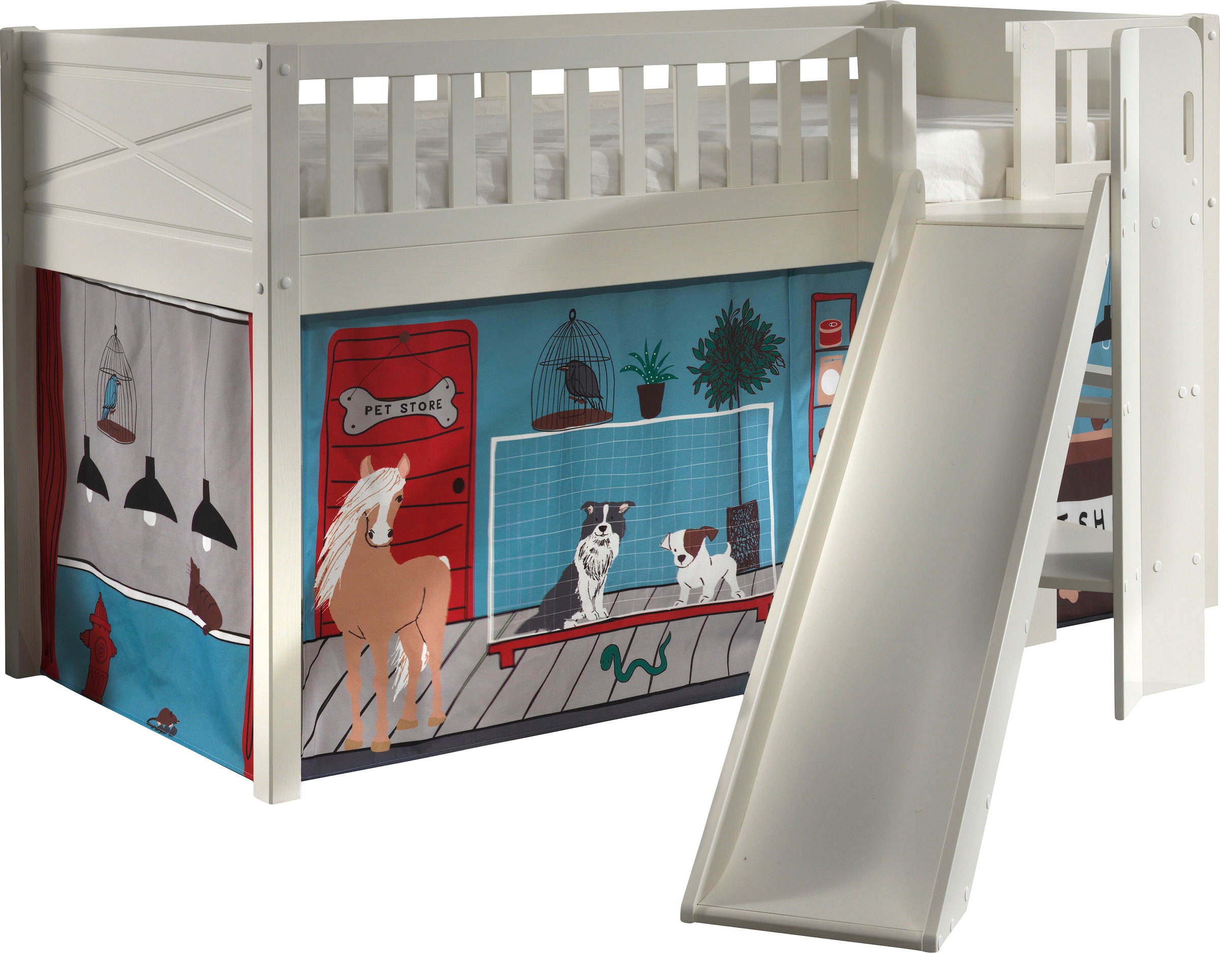 VIPACK Hochbett »Scott« B/H/T ca. 207, 6x114x203, 7cm, Kopf-/Fußteil mit Fräsung, stabil gebaut, mit Rutsch-/Leiterturm, LF 90x200 cm, inkl....