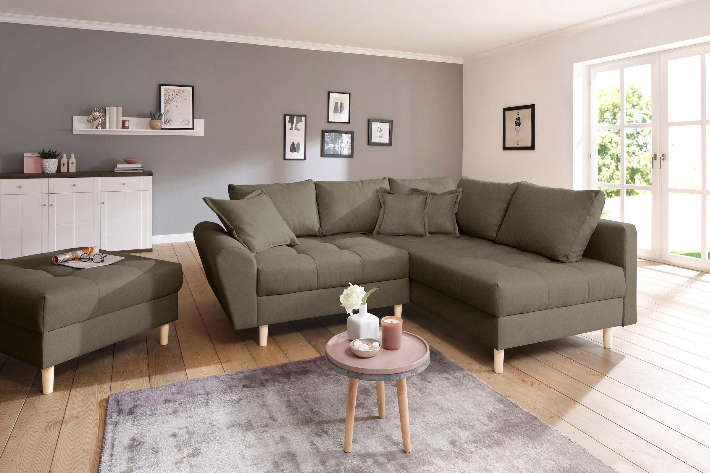 Ecksofa »Rice L-Form«, (Set, mit Hocker), mit Bonnellfederkern, Hocker & Kissen,...