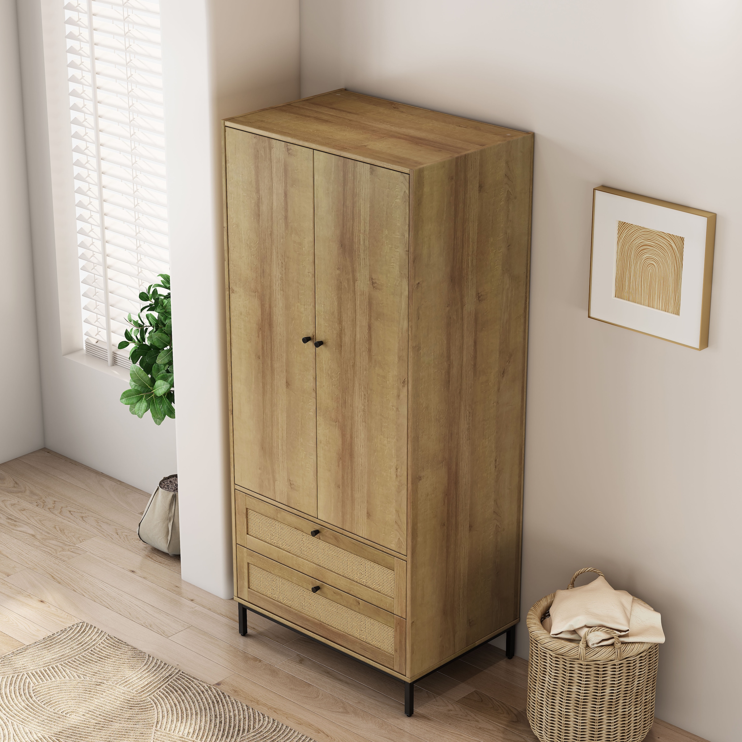 OTTO home Kleiderschrank »Motala Schlafzimmerschrank Garderobe Boho Eichen-Design Bestseller« Moderne schwarze Griffe, Schublade mit Geflecht, 