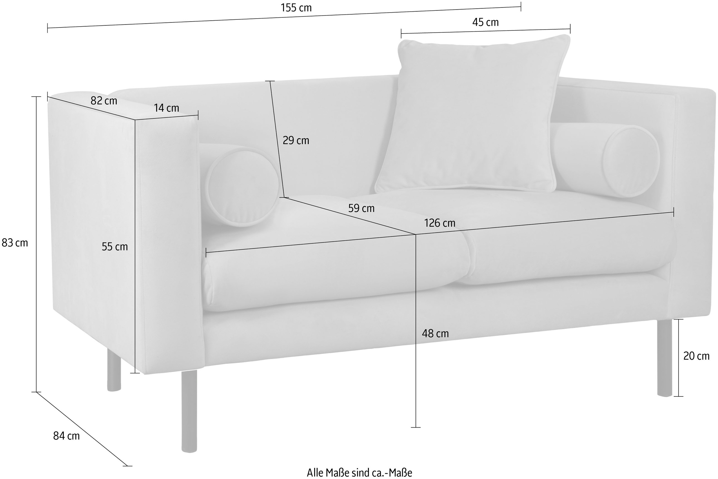 Guido Maria Kretschmer Home&Living 2-Sitzer »Lillibeth Designsofa mit Wellenunterfederung, Maße B/T/H: 155/74/83 cm«, Zierkissen als Wendekissen, in Samtoptik oder Cord