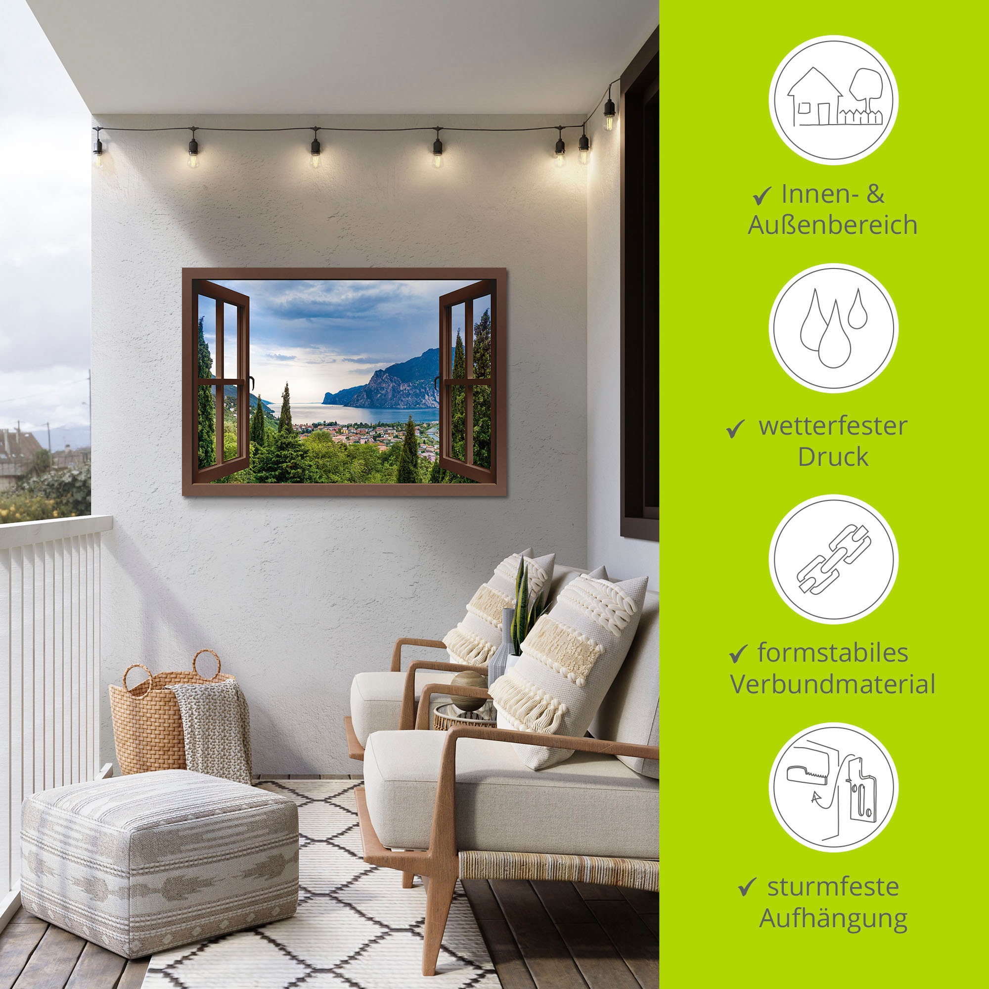 Artland Wandbild »Gardasee durchs braune Fenster«, Seebilder, (1 St.), als Alubild, Outdoorbild, Leinwandbild, Poster in verschied. Größen