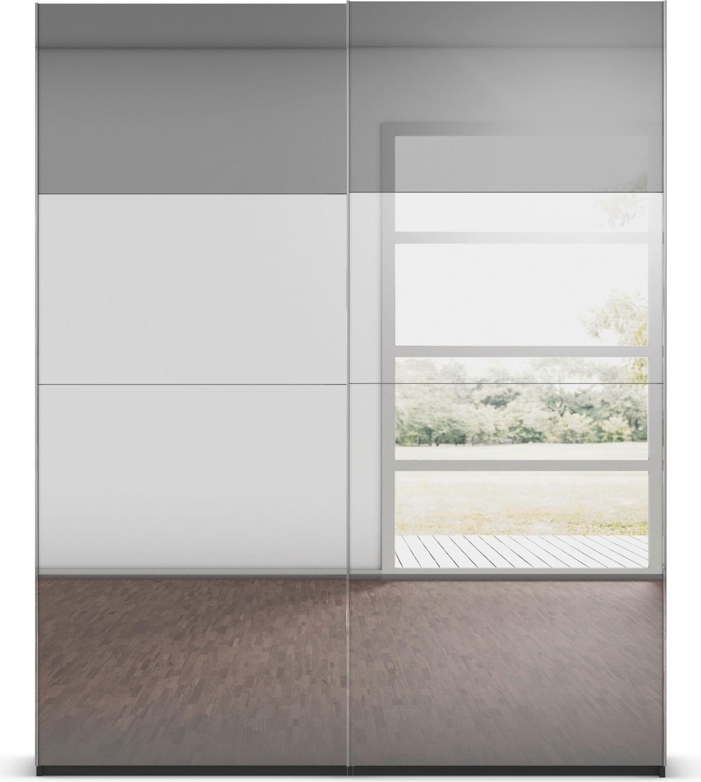 rauch Schwebetürenschrank »Kleiderschrank Schrank Garderobe Schlafzimmerschrank SCALE-FYRA«, edle Türen viergeteilt Front Spiegel-Mix viele Farben MADE IN GERMANY