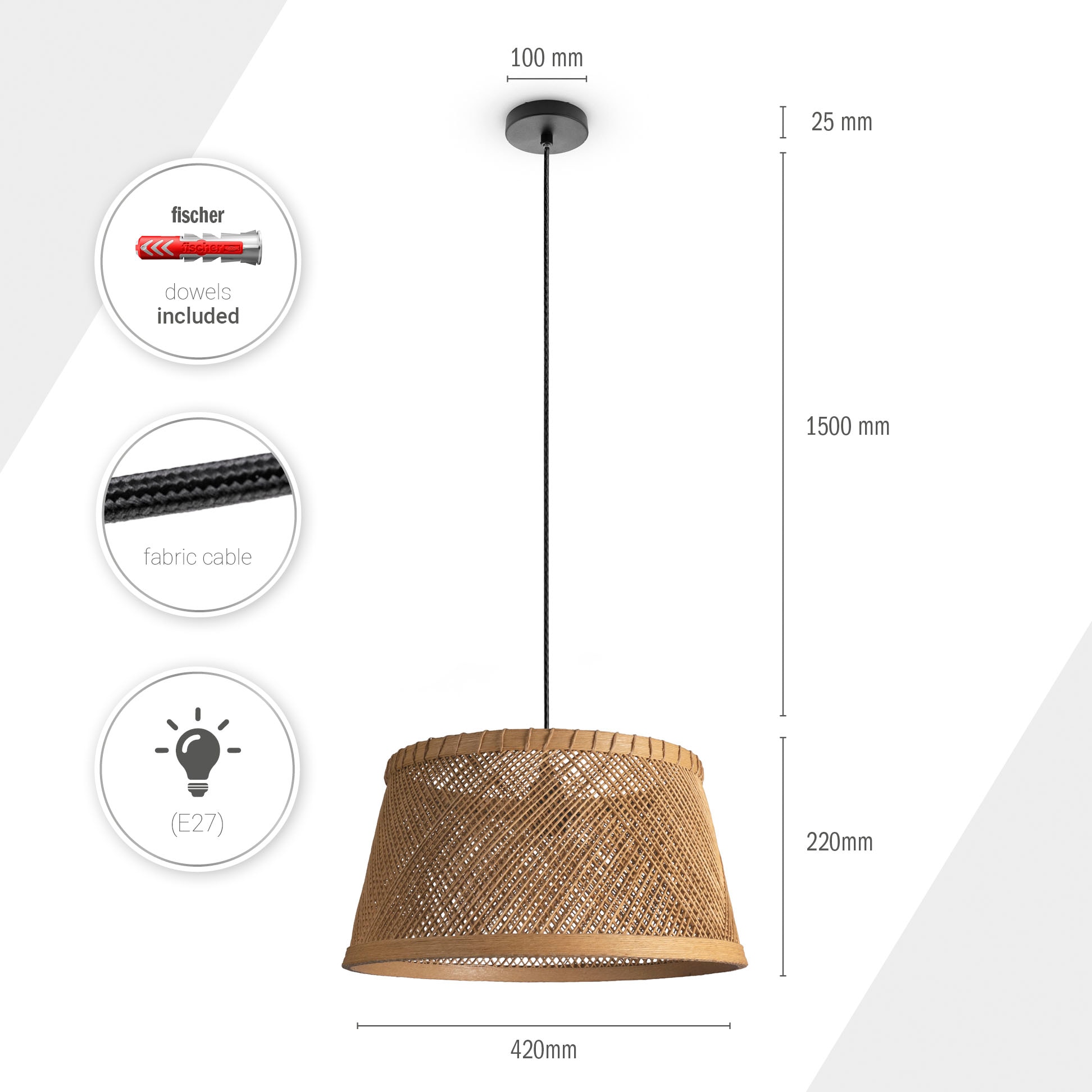 Paco Home Pendelleuchte »RAMA«, Leuchtmittel E27 | ohne Leuchtmittel, Korb Papier Hängend Esstisch Lampe Boho Wohnzimmer E27