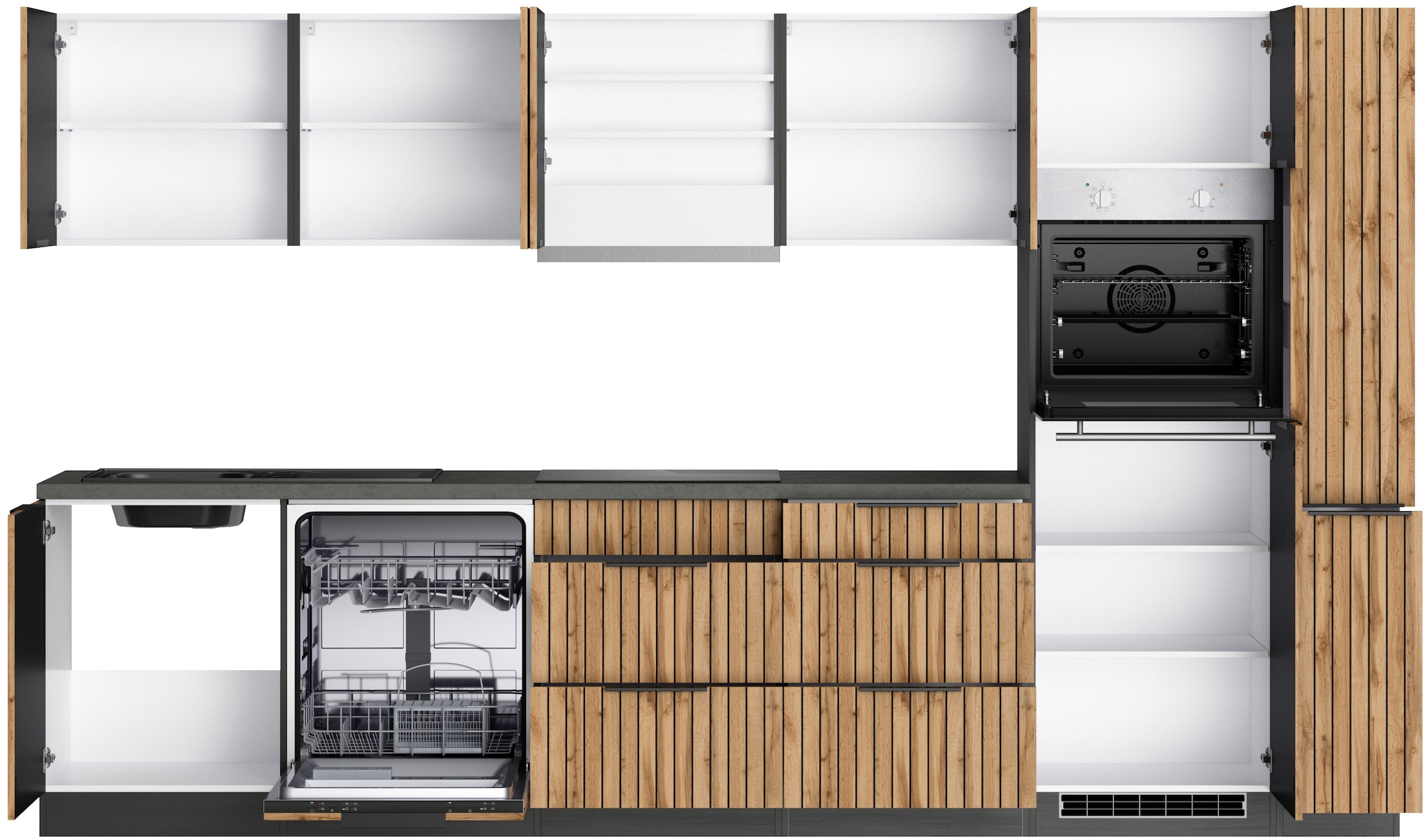 KOCHSTATION Küchenzeile »KS-Lagos, wahlweise mit E-Geräten, Spüle edelstahl oder schwarz«, Breite 330cm, Ceran-oder Induktionskochfeld,mit oder ohne Kühlschrank