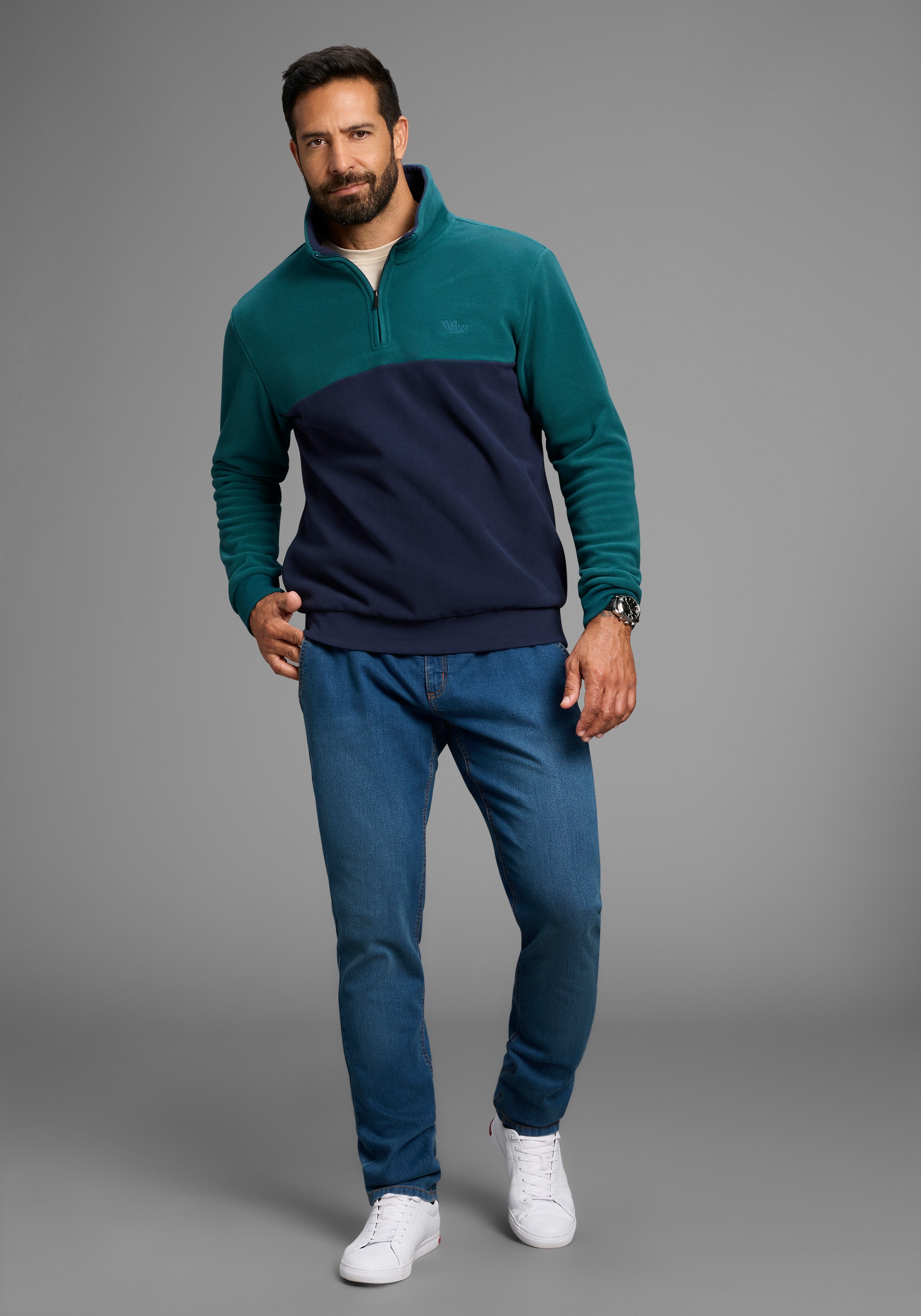 Man's World Fleecepullover, Troyer mit Kontrast-Part, ideal für den Übergang