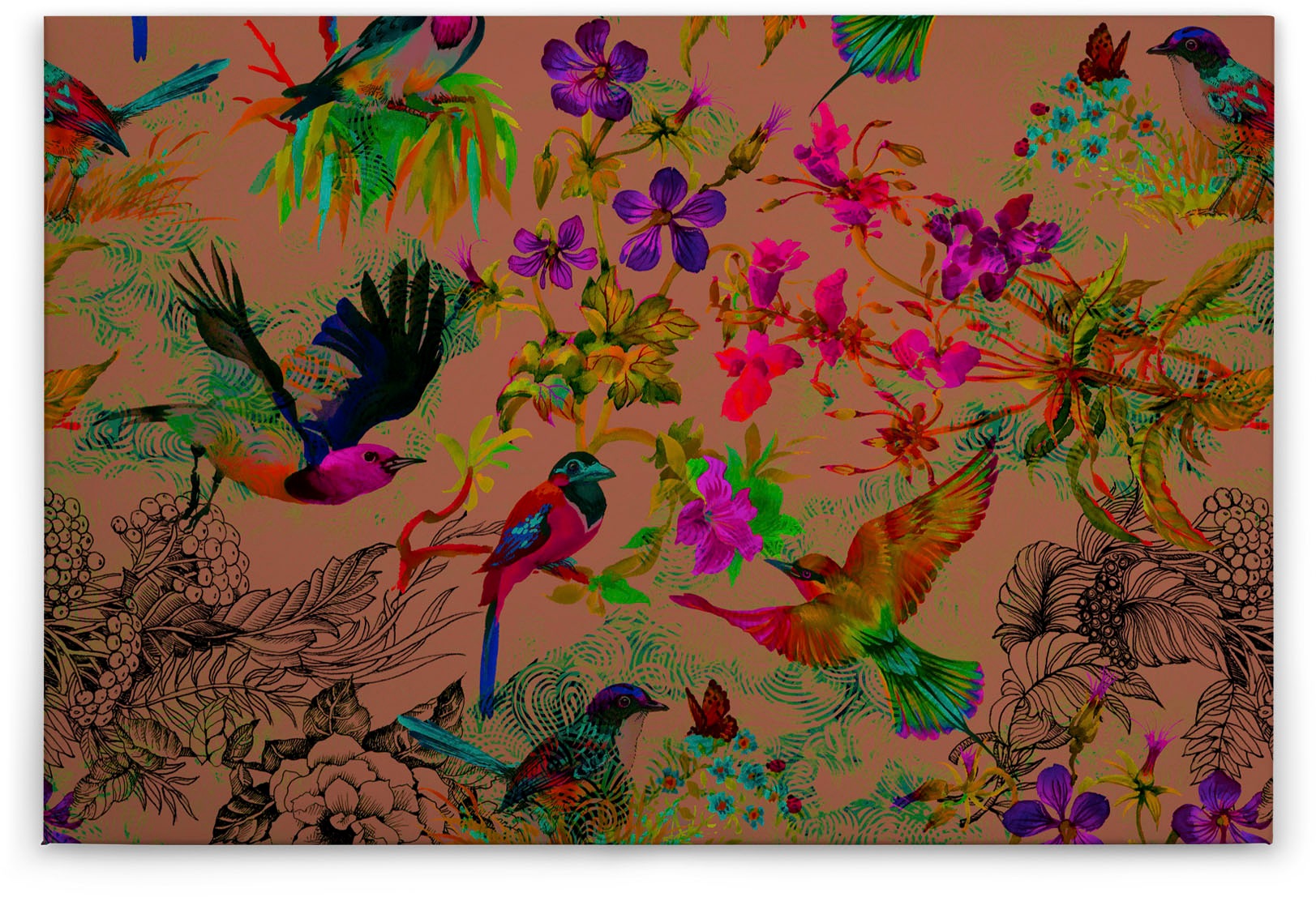 Bricoflor Neon Wandbild Mit Vögeln Und Blumen Bunte Leinwand Auf Keilrahmen günstig online kaufen