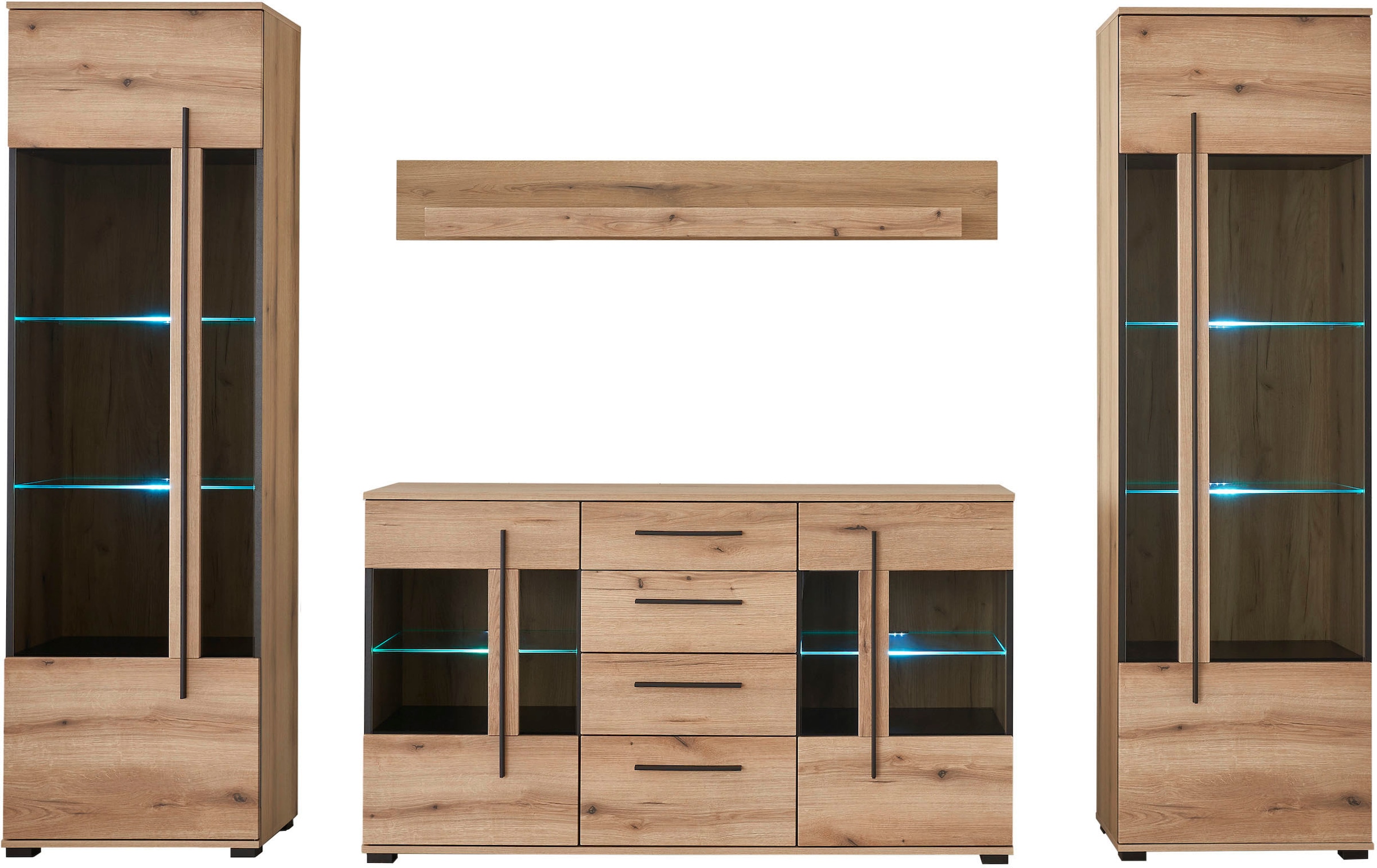 INOSIGN Wohnwand »Cantara, moderne Anbauwand, Wohnzimmer-Set, in Eiche Evoke oder Weiß«, (Set), enthält zwei Vitrinen, ein Sideboard und ein Wandboard