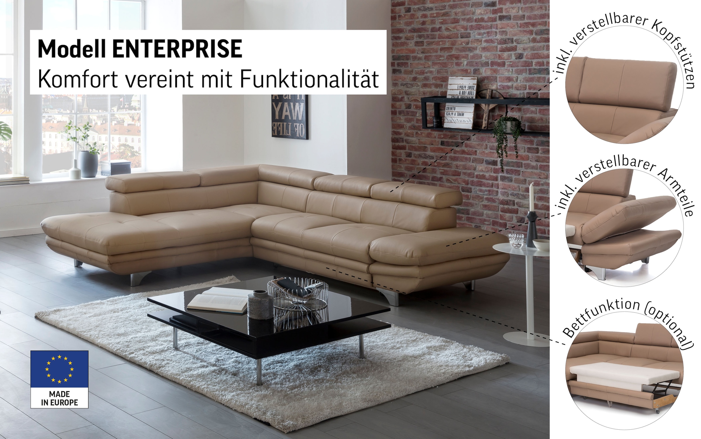 COTTA Ecksofa »Enterprise L-Form«, mit Arm- & Kopfteilverstellung, wahlweise mit Bettfunktion