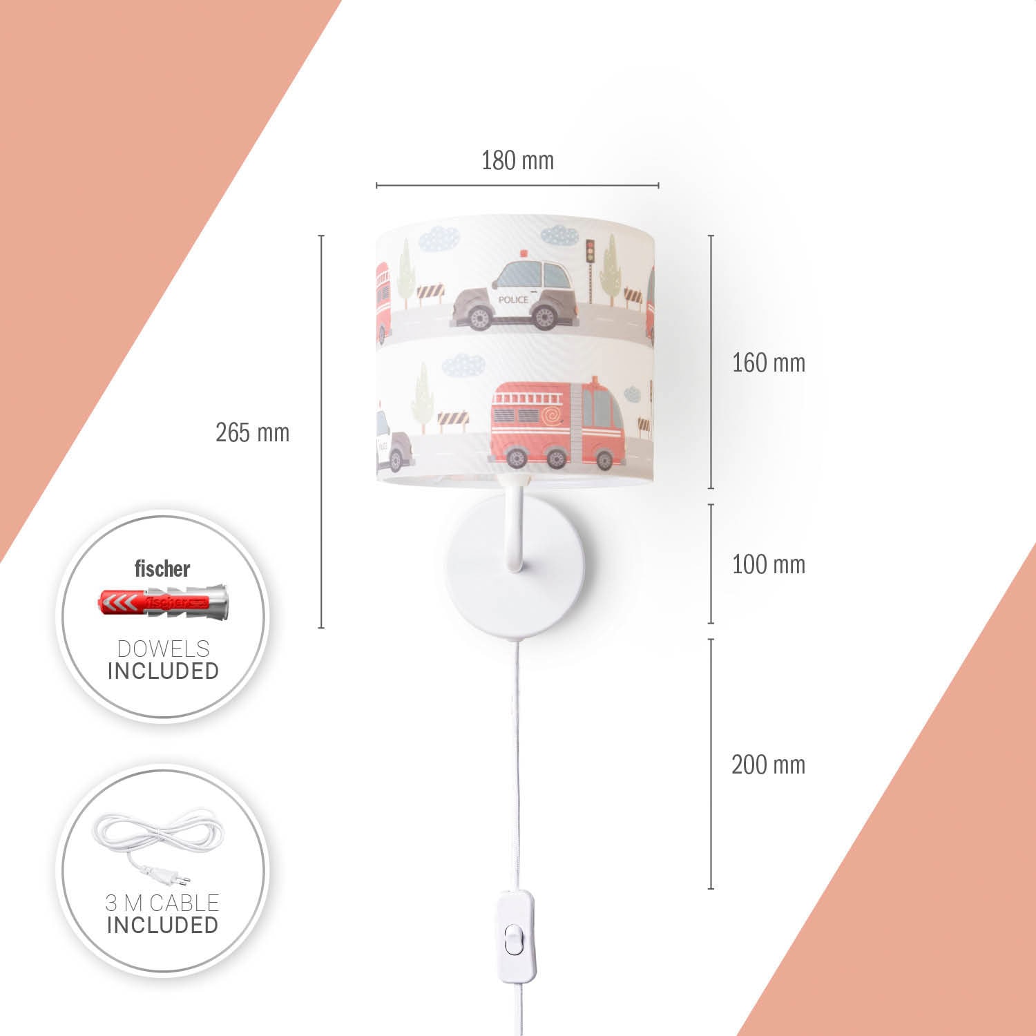 Paco Home Wandleuchte »Luca Capri«, Leuchtmittel E14 | ohne Leuchtmittel, Kinderzimmer Wandleuchte Kinderlampe Innen Mit Auto Straße Feuerwehr