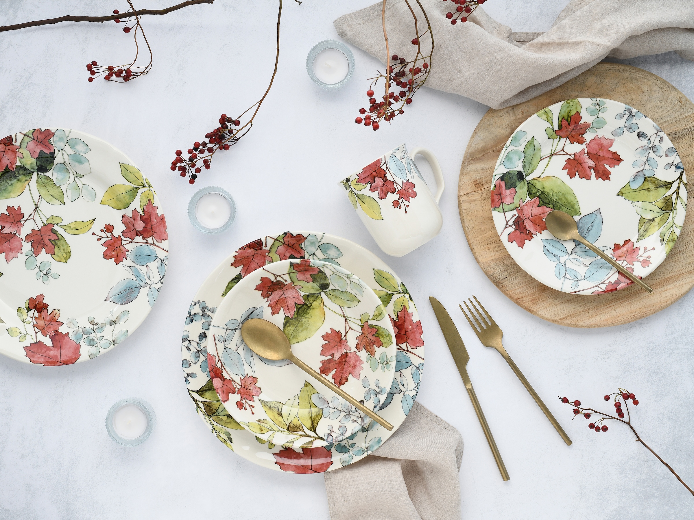 CreaTable Kombiservice »Geschirr-Set Maple«, (Set, 16 tlg., Kaffeeservice und Tafelservice im Set, für 4 Personen), Service, romantisches Blattdekor, 16 Teile, für 4 Personen