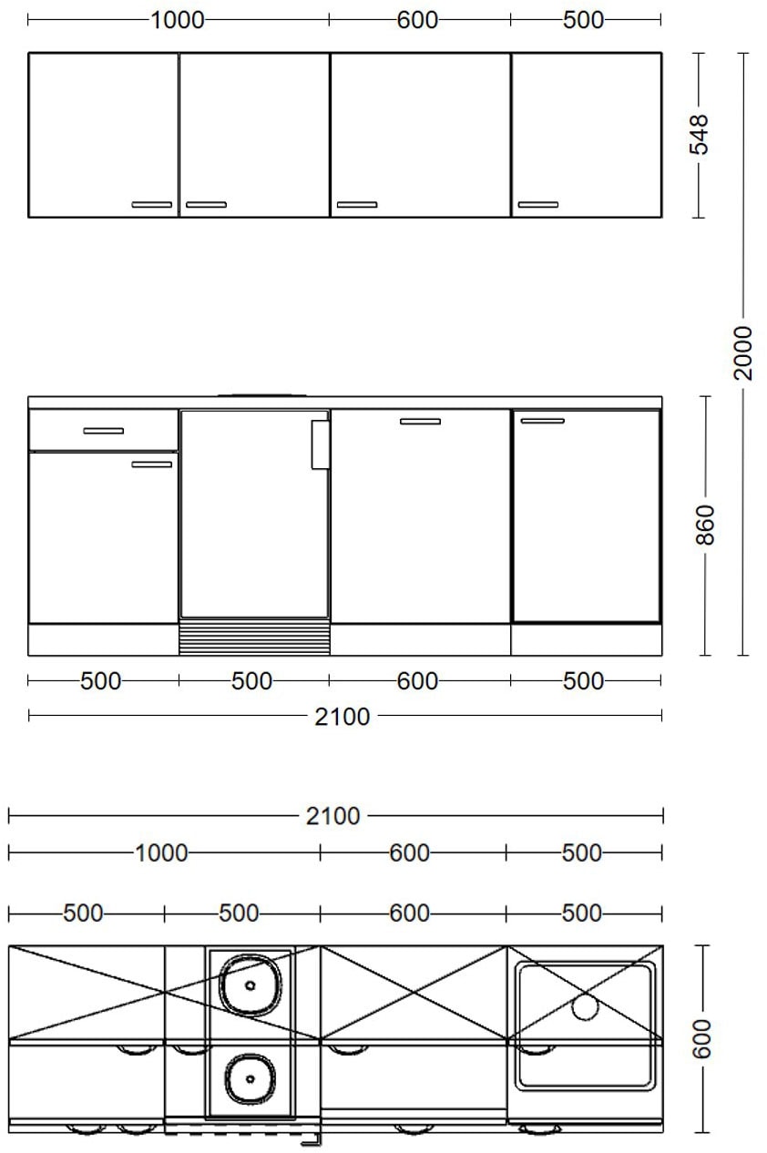 Flex-Well Küchenzeile »Kopenhagen, Breite 210 cm, inkl. Geschirrspüler«, Officeküche, wahlweise mit 2 Plattenkochfeld und/oder Mikrowelle