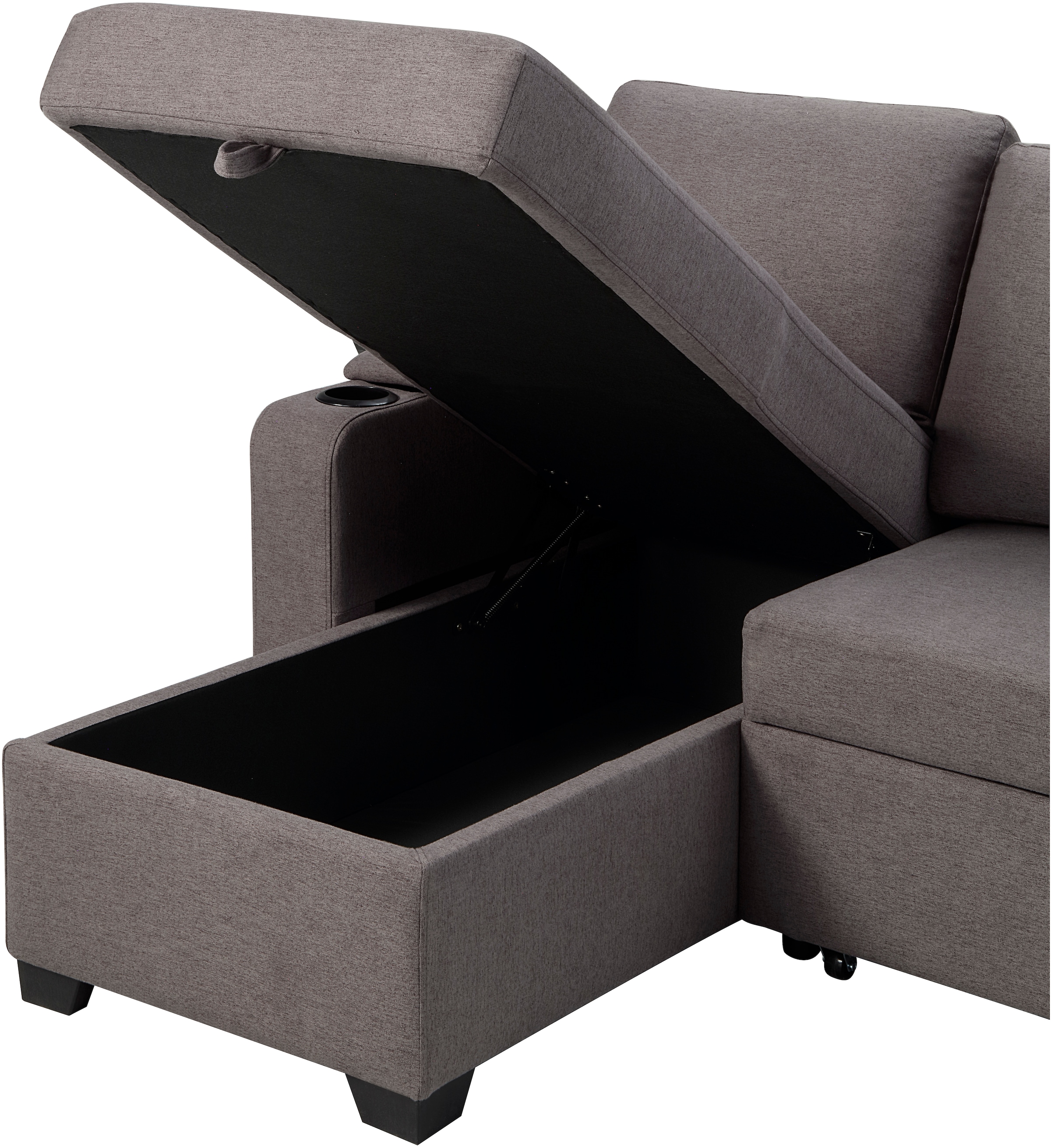 ATLANTIC home collection Ecksofa »Gorje L-Form«, mit Schlaffunktion, Stauraum, Becherhalter, Staufächer & Kissenrollen