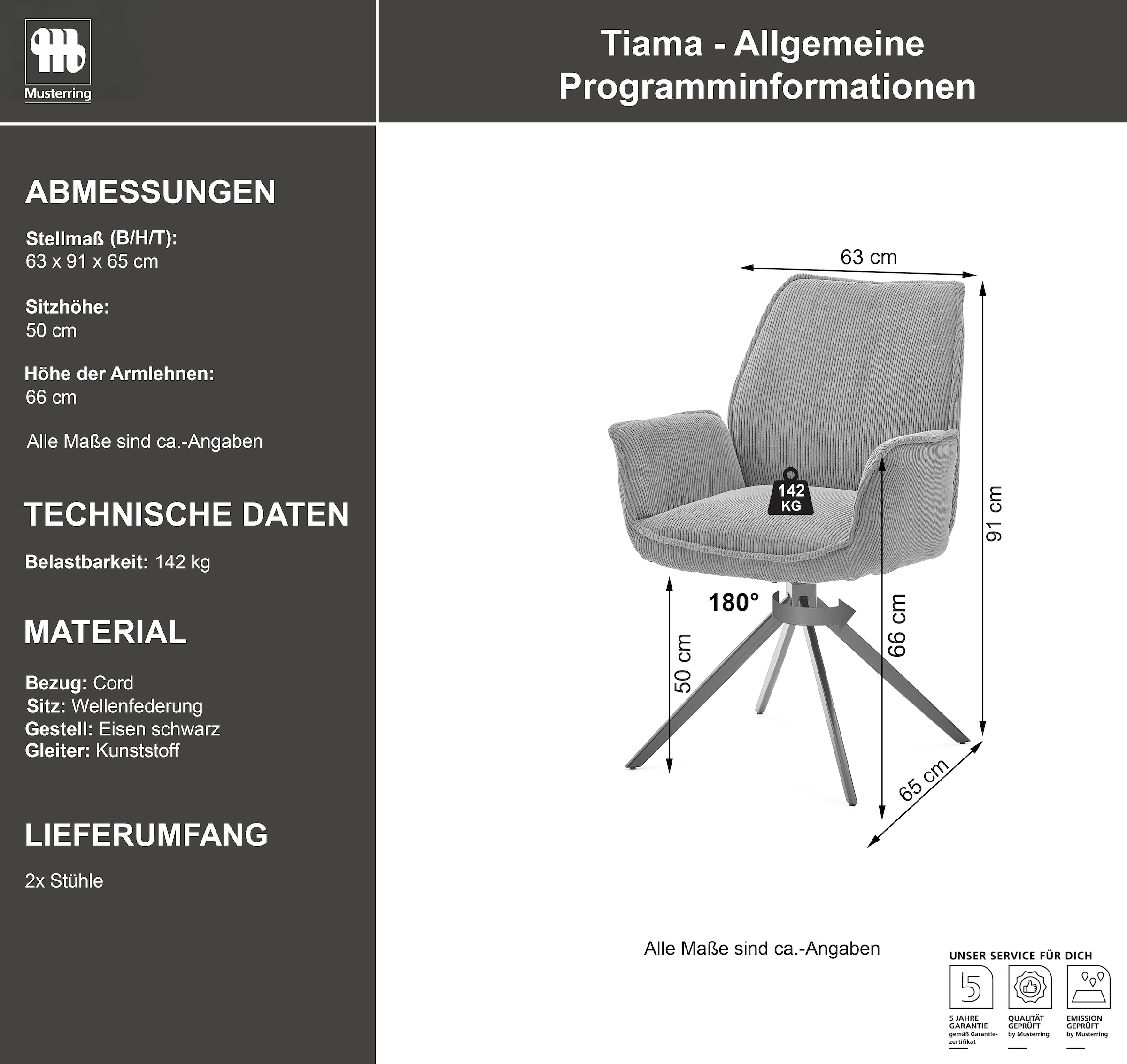 Musterring Esszimmerstuhl »Tiama«, (Set), 2 St., Cord, Stativgestell aus Eisen schwarz, 180° drehbar, Stoff Cord oder Bouclé
