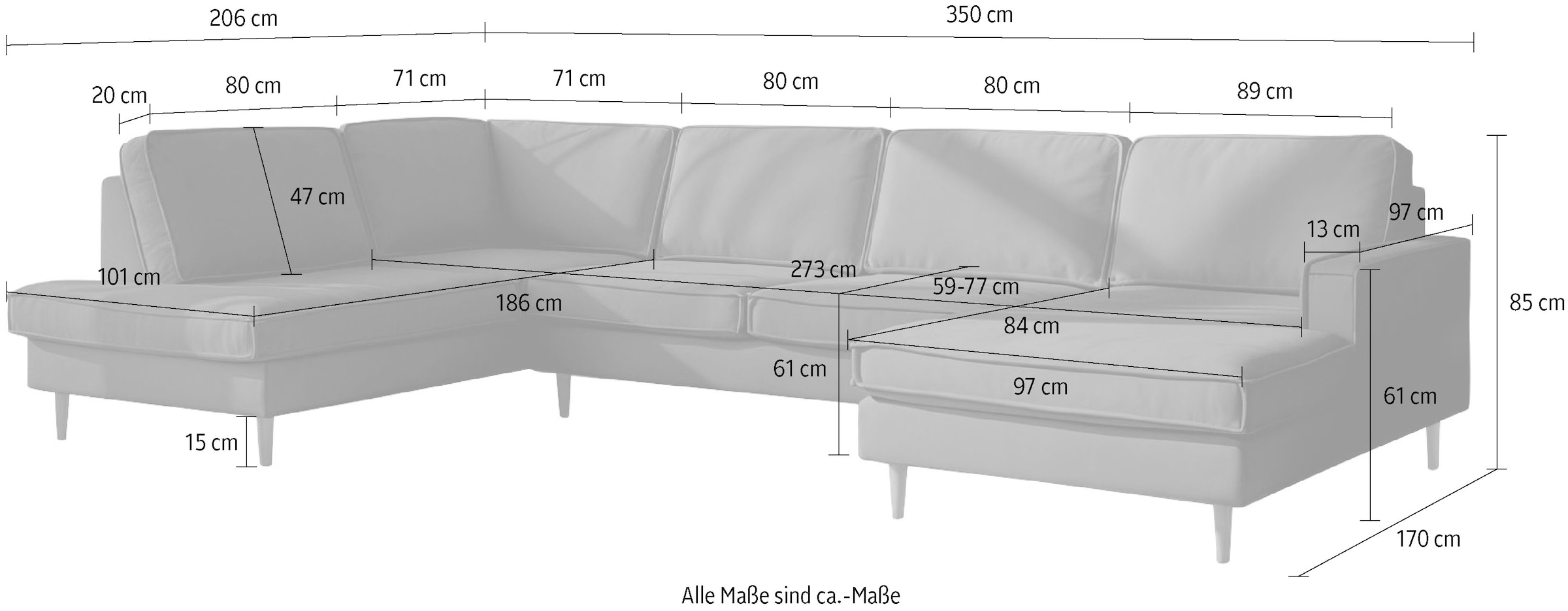 Home affaire Wohnlandschaft »Pinto Skandi, 350 cm, U-Form, XXL, mit Ottomanen« mit Keder, Massivholzfüße Eiche geräuchert, Wellenunterfederung