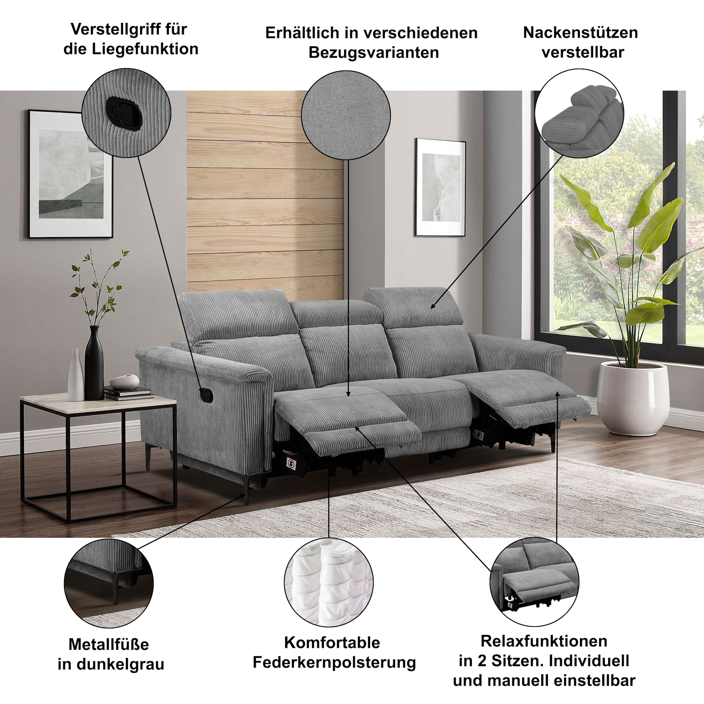 Home affaire 3-Sitzer »Lund Cord, mit manueller o. elektrischer Relaxfunktion in 2 Sitzen,« USB-C, Kopfteilverstellung, Breite 222 cm