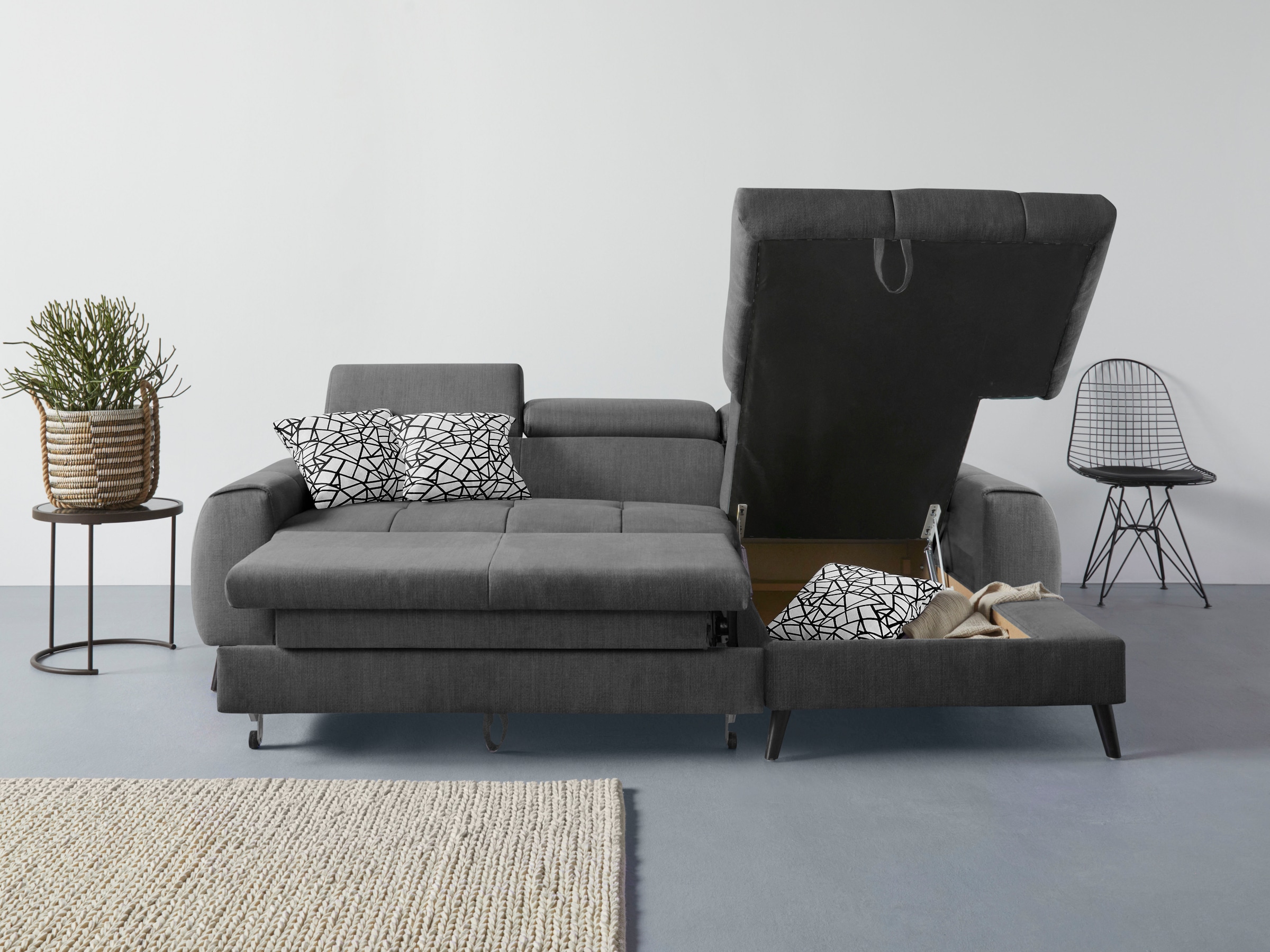 COTTA Ecksofa »Mia L-Form mit 3 Zierkissen«, wahlweise mit Bettfunktion, Bettkasten, Beleuchtung & Wireless-Charger