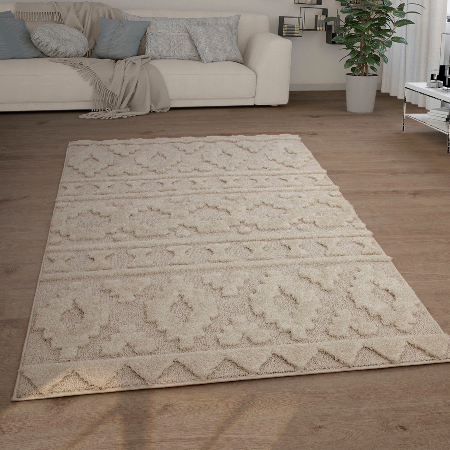 Paco Home Hochflor-Teppich »Genua 744«, rechteckig, 34 mm Höhe, Uni Farben, Hoch-Tief Effekt, modernes Design, sehr weicher Flor