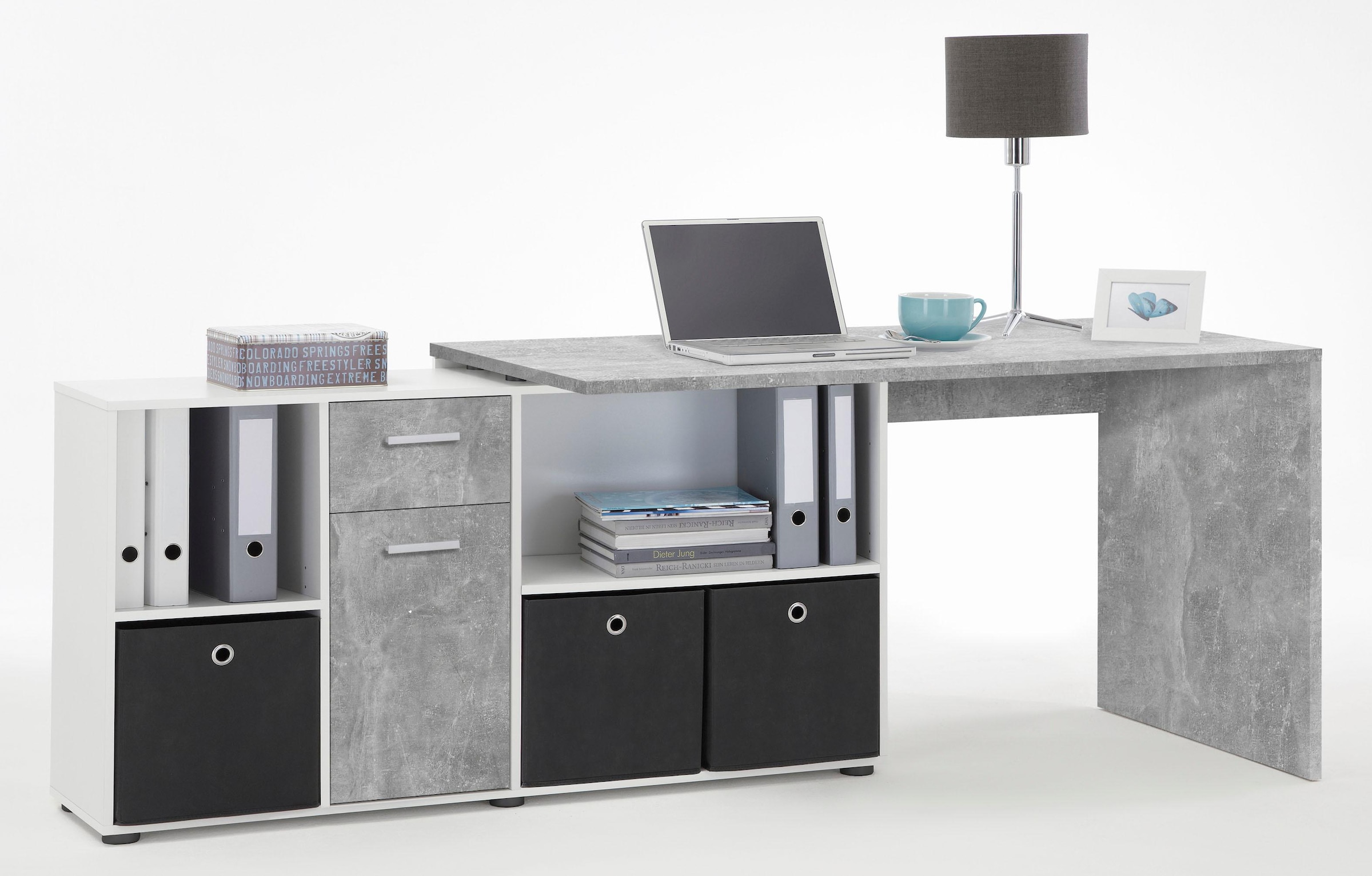 FMD Eckschreibtisch »Lex, Schreibtisch / Sideboard,«, variabel montierbar, Breite 136 / 205 cm, Made in Germany
