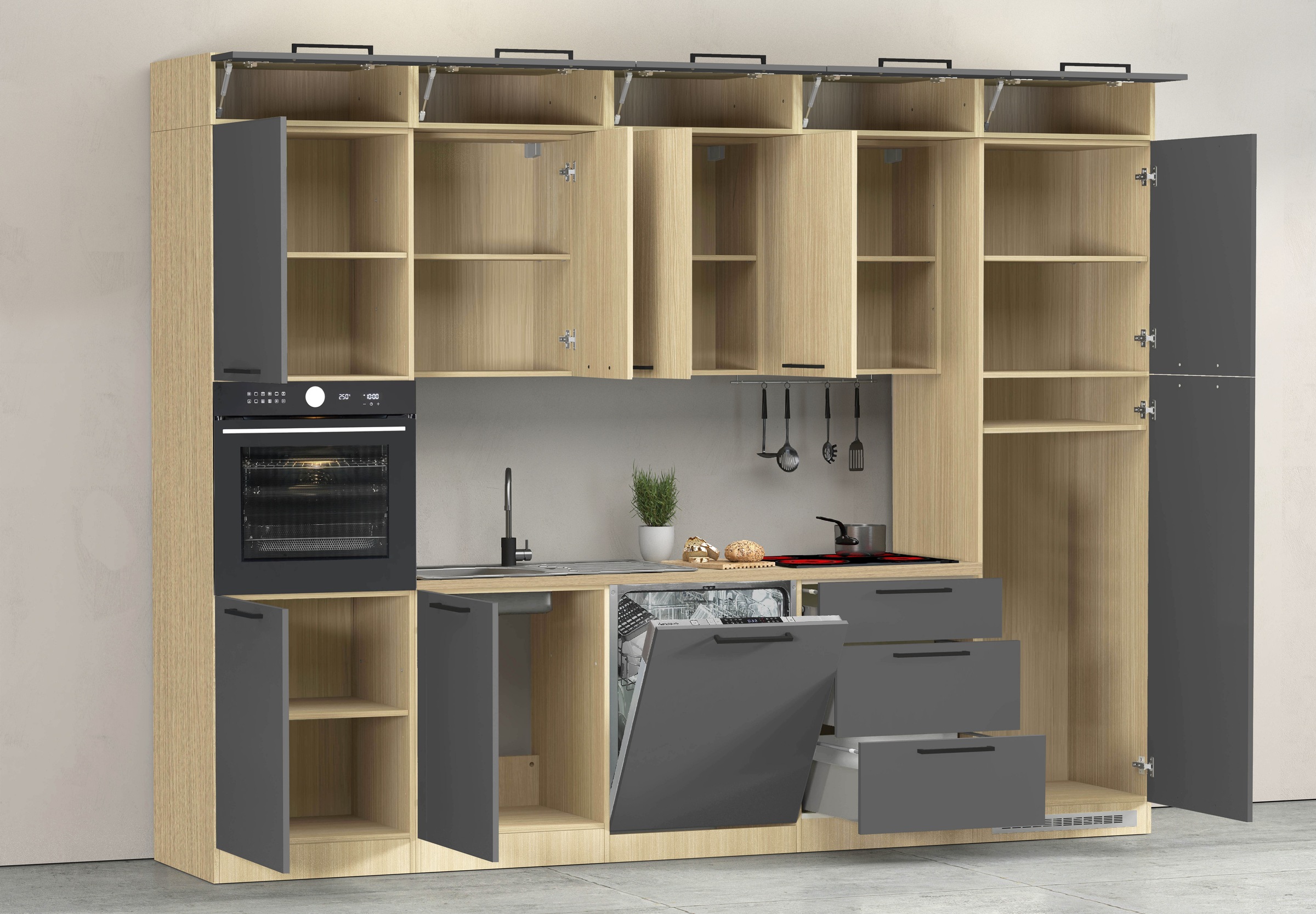 KOCHSTATION Küchenzeile »Luna, Einbauküche, Zeilenküche, mit Soft-Close Funktion, Made in Italy« Breite 300 cm ohne E-Geräte, mit Spüle+Siphon und Aufsatz