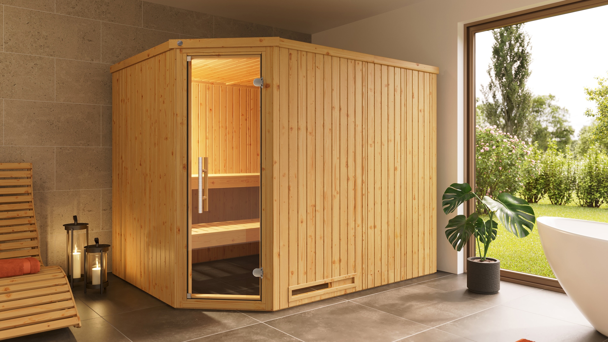 weka Sauna »Element-Ecksauna VARBERG 4« vorgefertigte Elemente, moderne Ganzglastür