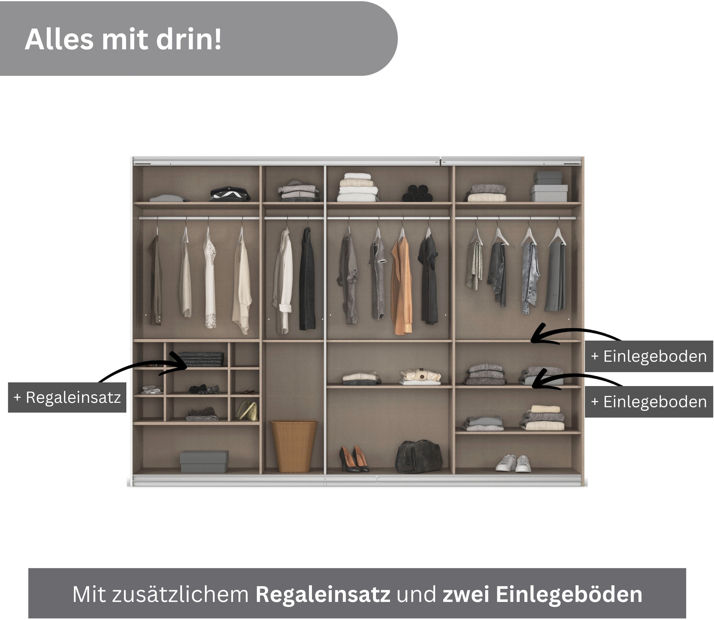 rauch Schwebetürenschrank »Kleiderschrank Schrank Garderobe Wäscheschrank TOMA mit Passepartout«, inkl. Regaleinsatz sowie zusätzlichen Einlegeböden MADE IN GERMANY