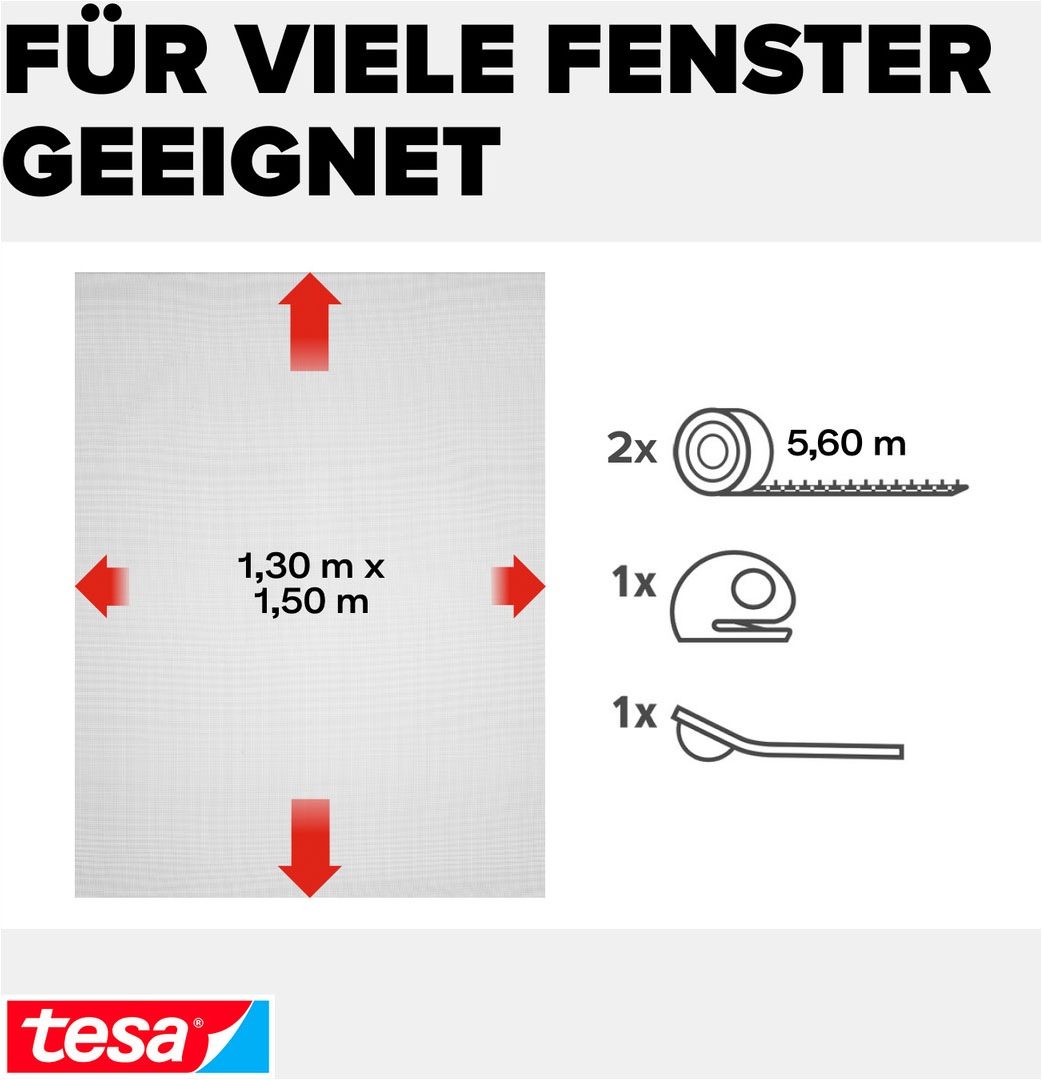 tesa Insektenschutz-Fensterrahmen »Insect Stop Comfort Fliegengitter für Fenster-  Insektenschutz Rollo« Packung, Fliegennetz, Klettband, Andrück und Schneidehilfe, 1 Stk. tlg. Insektenschutz für Fenster - selbstklebend - schwarz - 1,3 m : 1,5 m