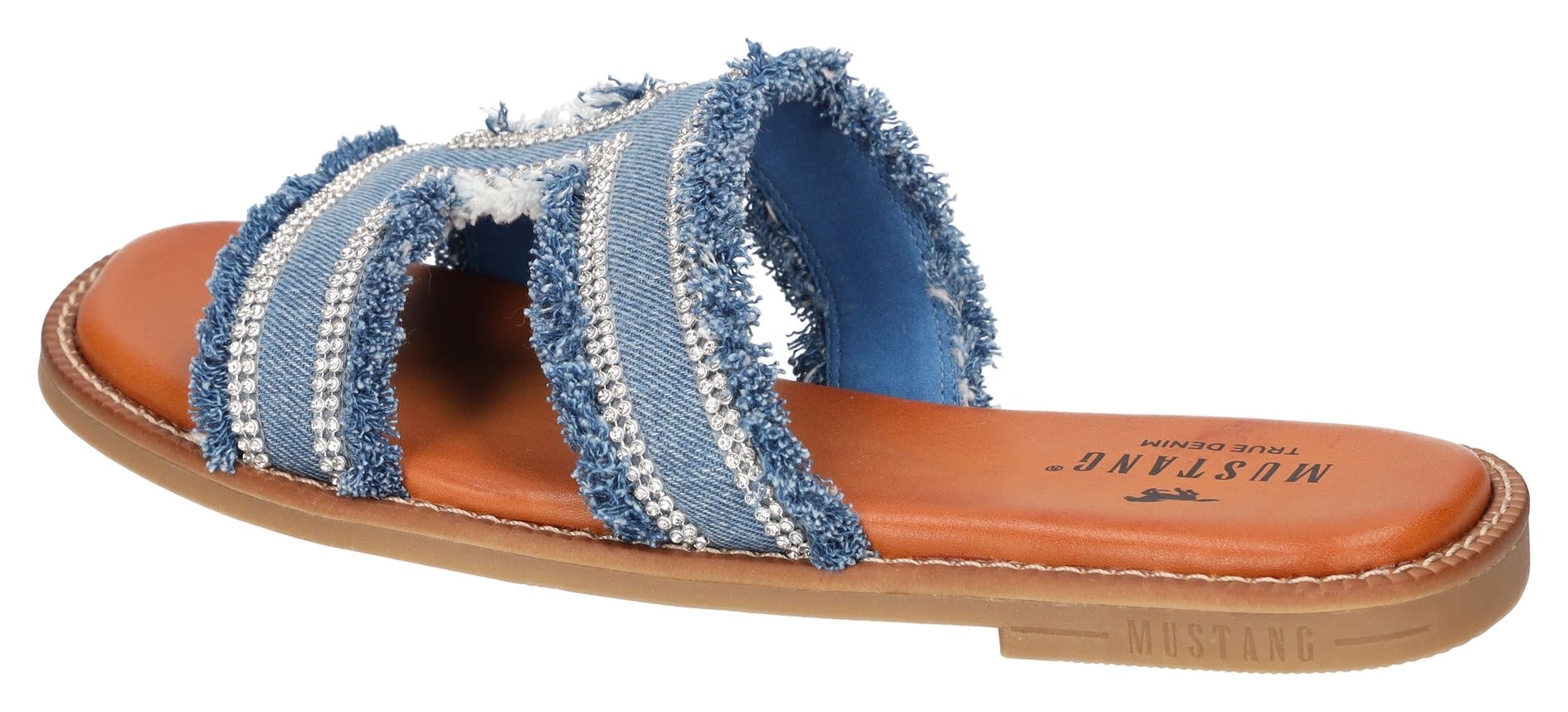Mustang Shoes Pantolette, Flats, Sandale im Jeans-Look mit Strass-Steinchen verziert