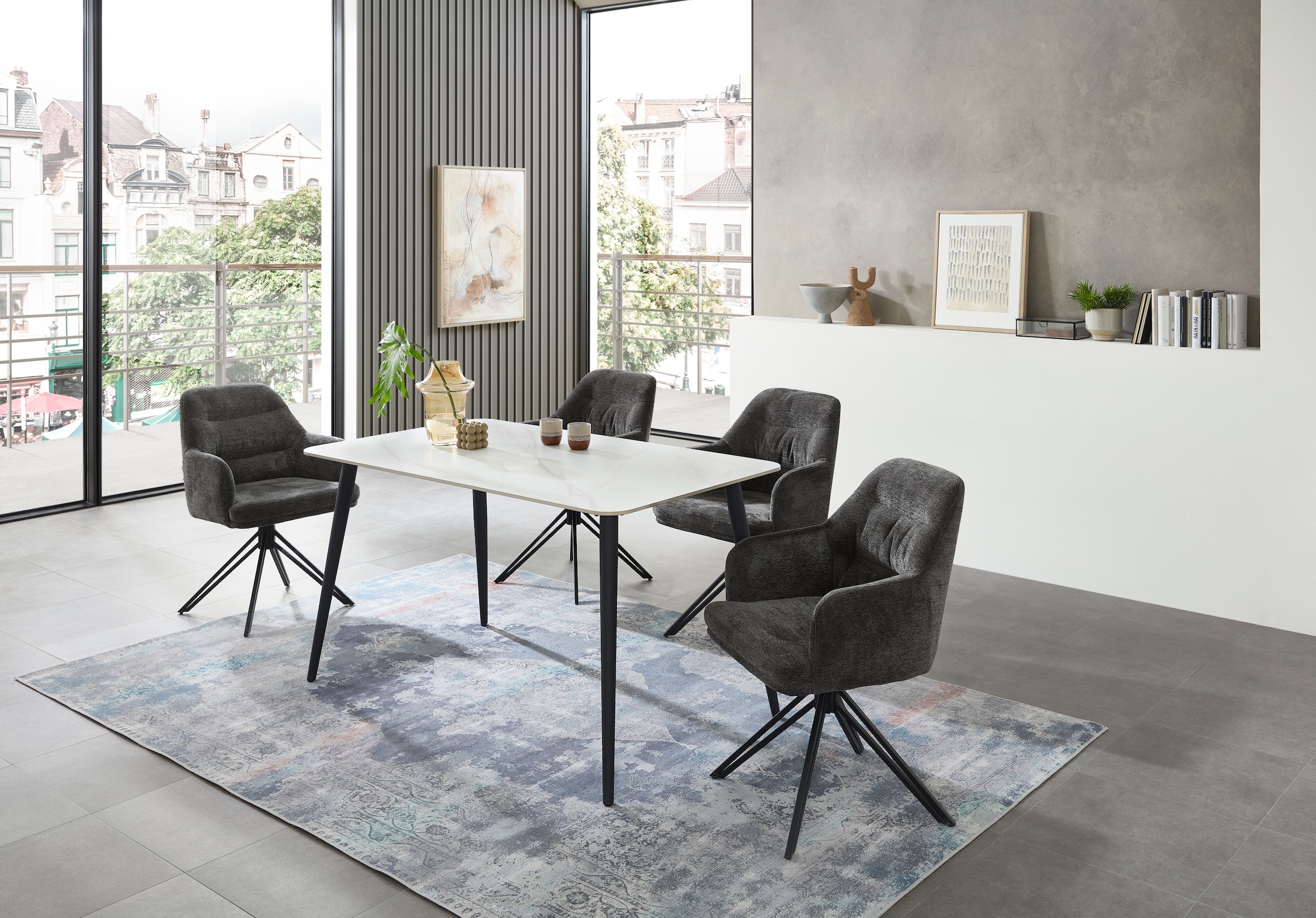 Stolkom Esstisch »Cody Esszimmertisch Keramik, Weiß marmoriert, BxHxT 140x76x80 cm«, Keramikoberfläche weiß marmoriert, 4-Fuß Gestell Schwarz matt