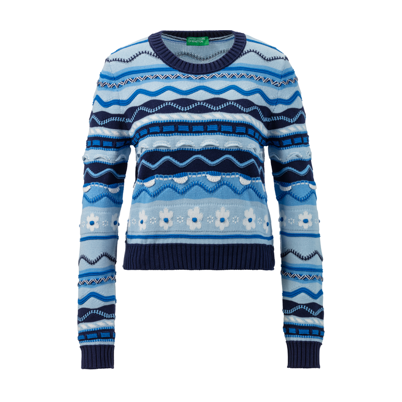 UNITED COLORS OF BENETTON Jacquardpullover mit verschiedenen Strickmustern blau-gemustert L (40) L (40) Rundhalspullover von Benetton